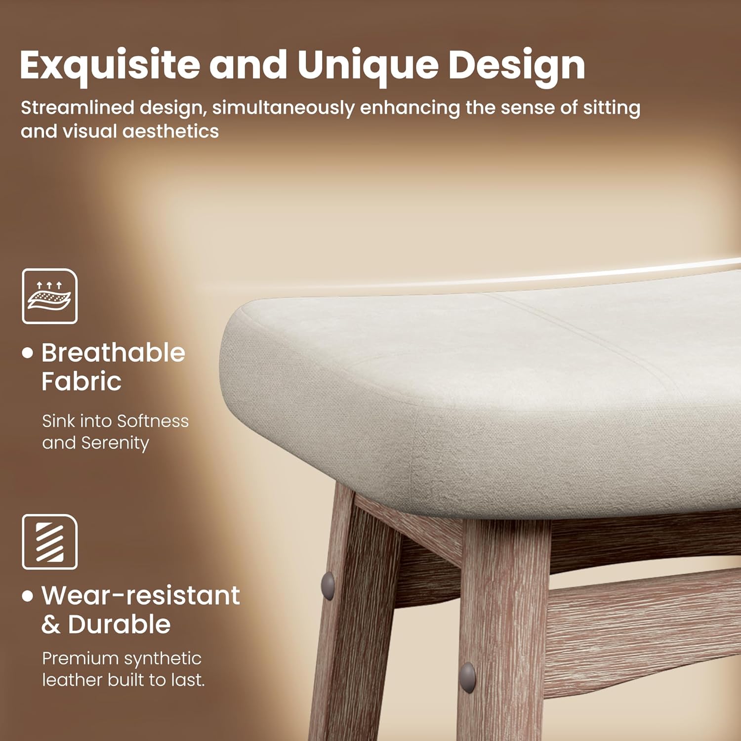 PHI VILLA Farmhouse Bar Stools Set of 2 - Wood Bartools with Upholstered Saddle Seat, 24 inch stools for Kitchen Counter Set of 2