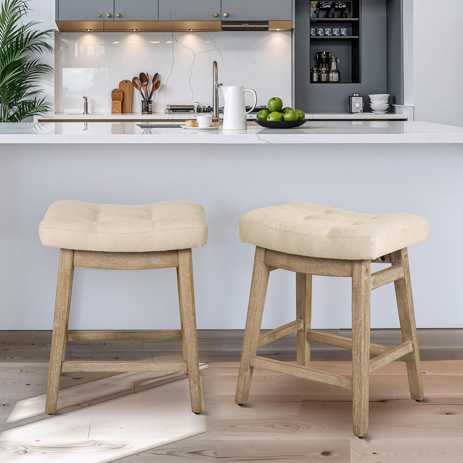 Counter Height Bar Stools Set of 3 for Kitchen Counter Farmhouse Modern Barstools with Upholstered Fabric Backless Seat and Solid Wood Legs 24 inch Bar Chairs, Khaki + Wood Color