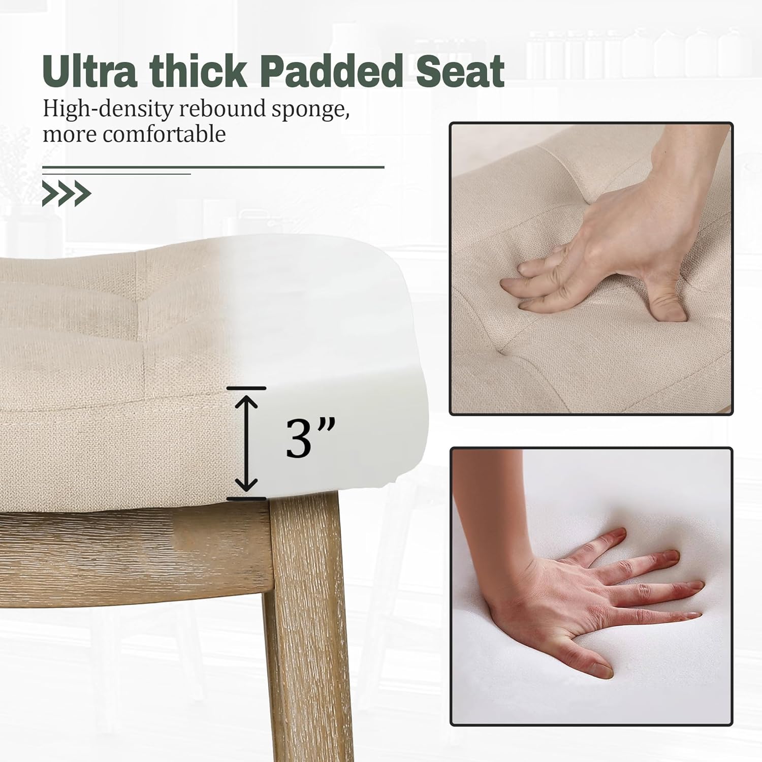 Counter Height Bar Stools Set of 3 for Kitchen Counter Farmhouse Modern Barstools with Upholstered Fabric Backless Seat and Solid Wood Legs 24 inch Bar Chairs, Khaki + Wood Color