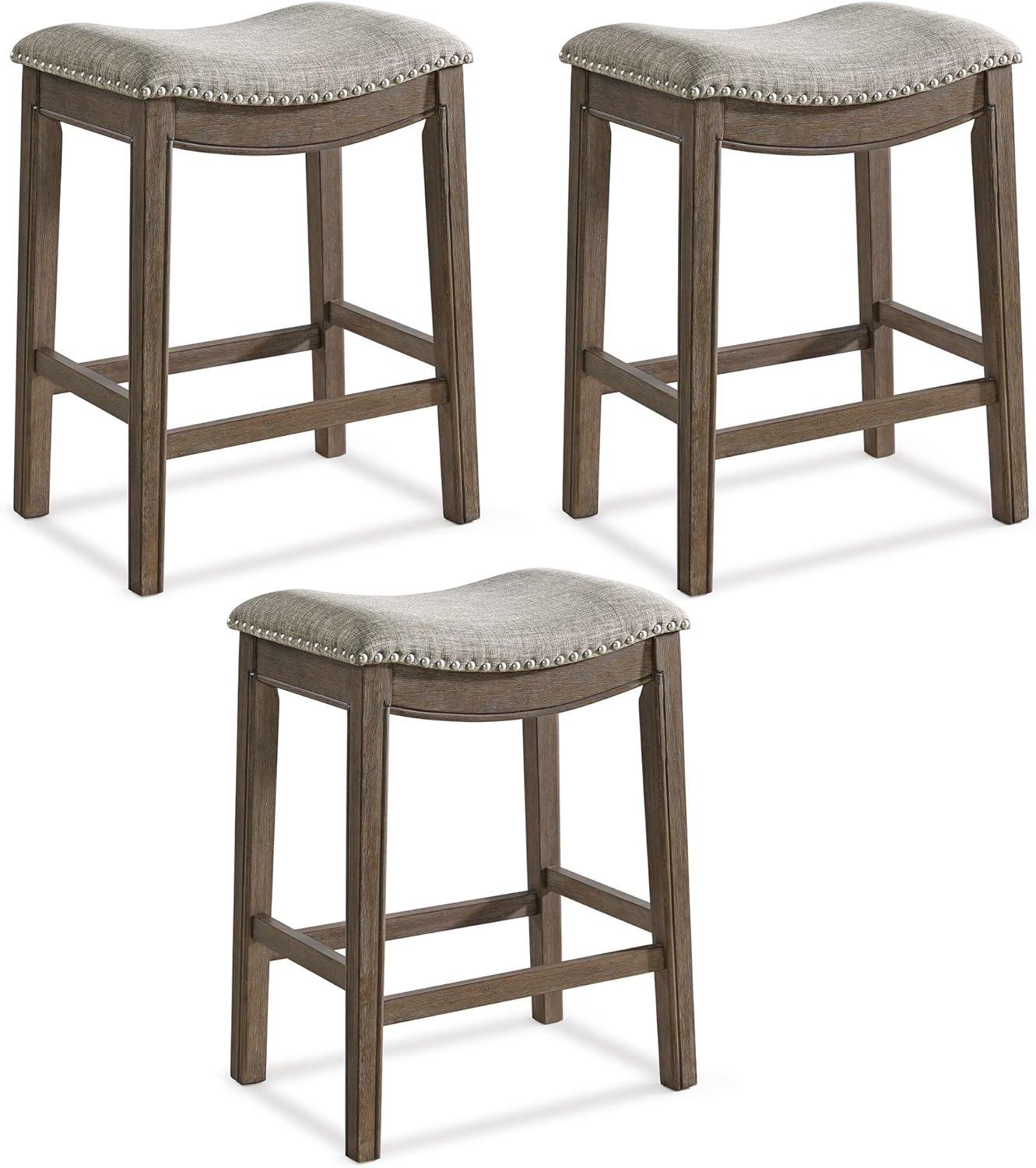 ROME + OAK Parker 26 Inch Counter Stool, Backless Saddle Kitchen Barstool in Natural Wood Finish with Wheat Cream Fabric Upholstery Cushion Seat