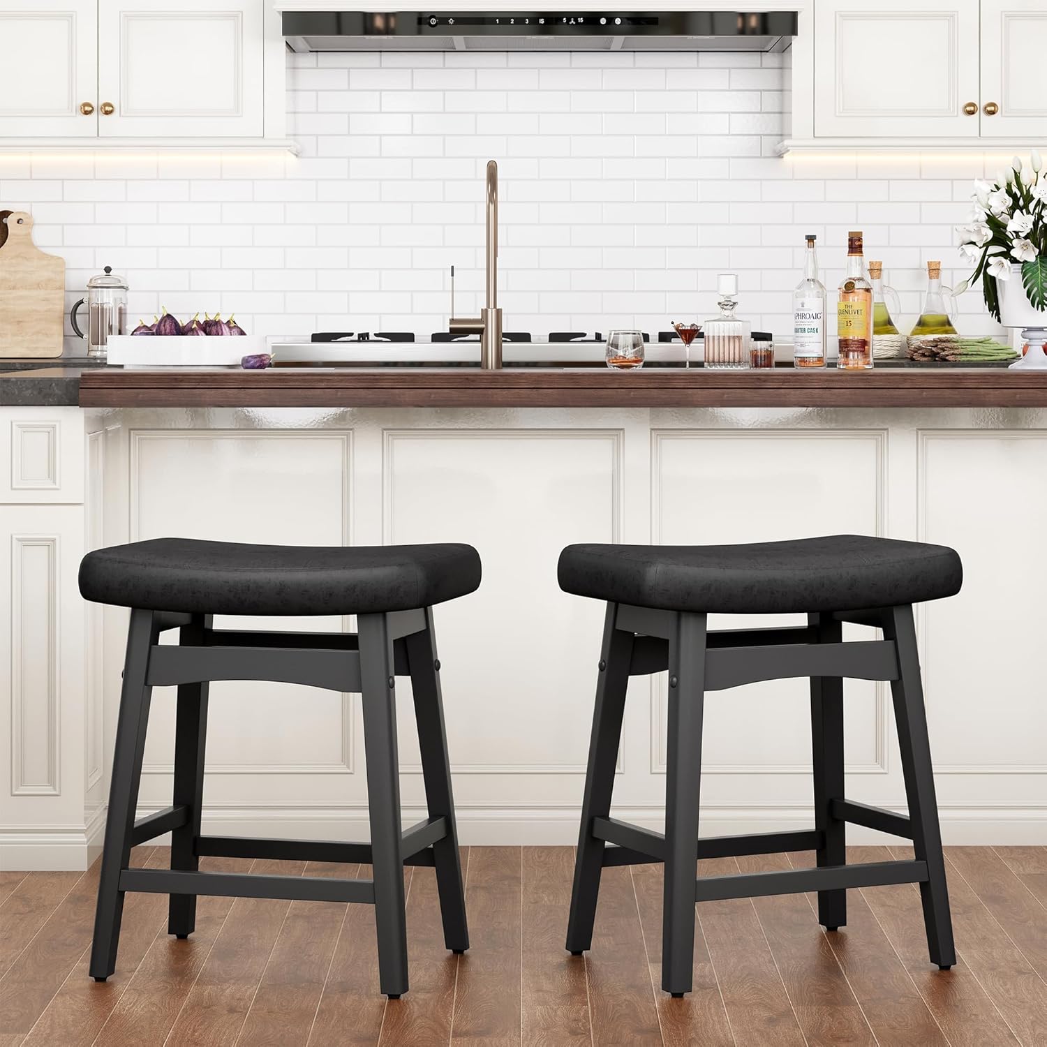 PHI VILLA Farmhouse Bar Stools Set of 2 - Wood Bartools with Upholstered Saddle Seat, 24 inch stools for Kitchen Counter Set of 2
