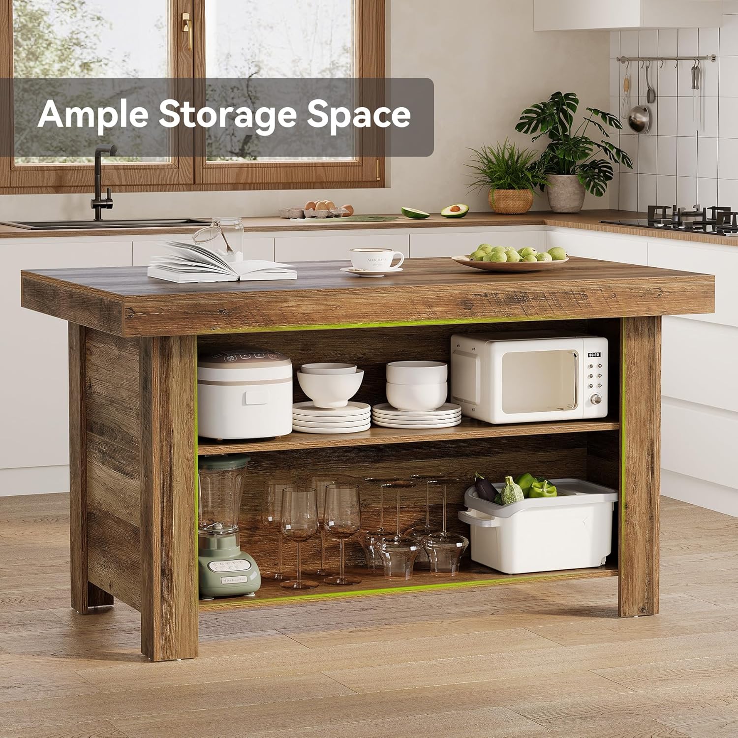 LITTLE TREE 55 Inches Kitchen Island with Storage, 3-Tier Farmhouse Wooden Stationary Island Table with Large Worktop & Leg Room, Modern Coffee Bar Table with Storage Shelf for Kitchen, Rustic Brown