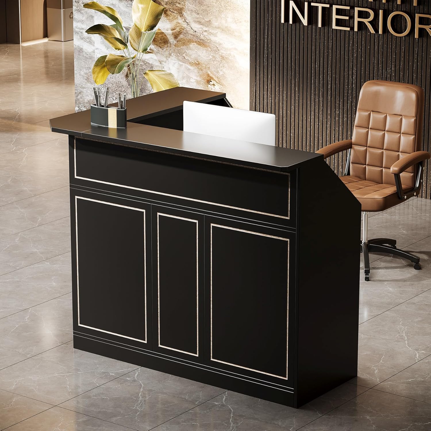 Tribesigns Reception Desk with Storage Shelves, L-Shaped Modern Front Desk, Reception Counter Table for Small Office, Salon, Checkout Office, Black