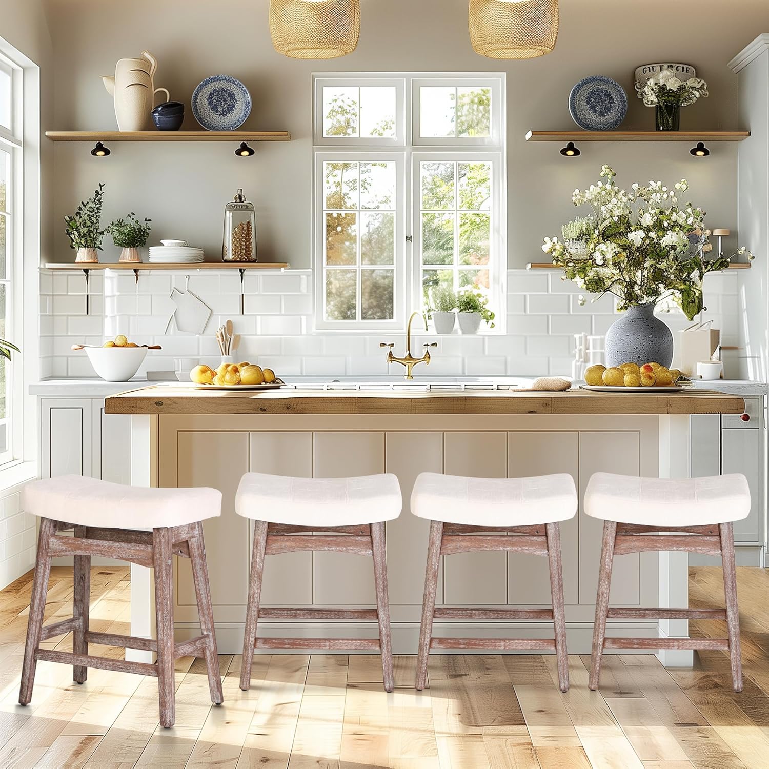 PHI VILLA Farmhouse Bar Stools Set of 2 - Wood Bartools with Upholstered Saddle Seat, 24 inch stools for Kitchen Counter Set of 2