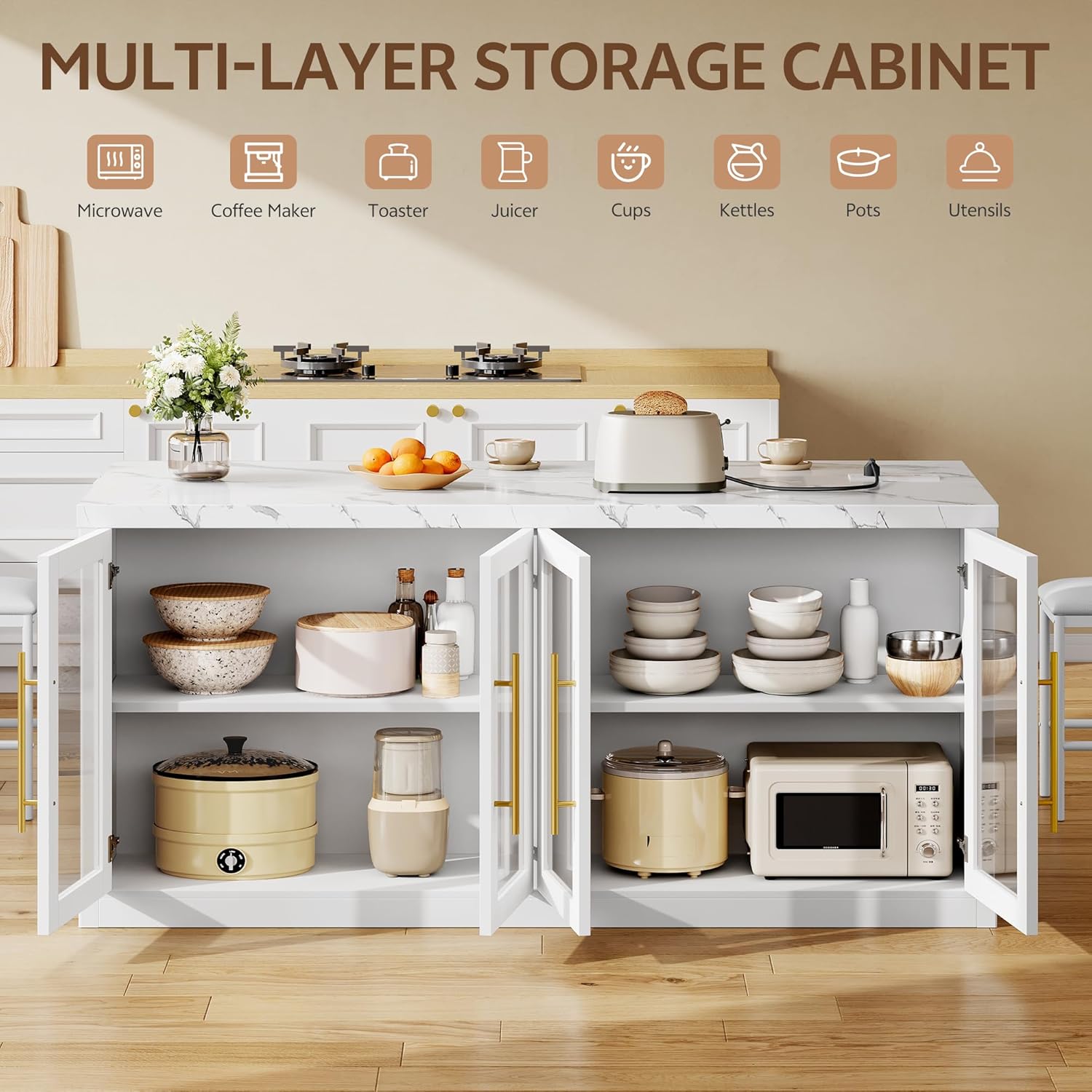 Kitchen Island with Storage, 57" W Large Island Table with Seating/LED Light for Dining Room, Kitchen Carts on Wheels Breakfast Bar Table w/Power Outlet, White