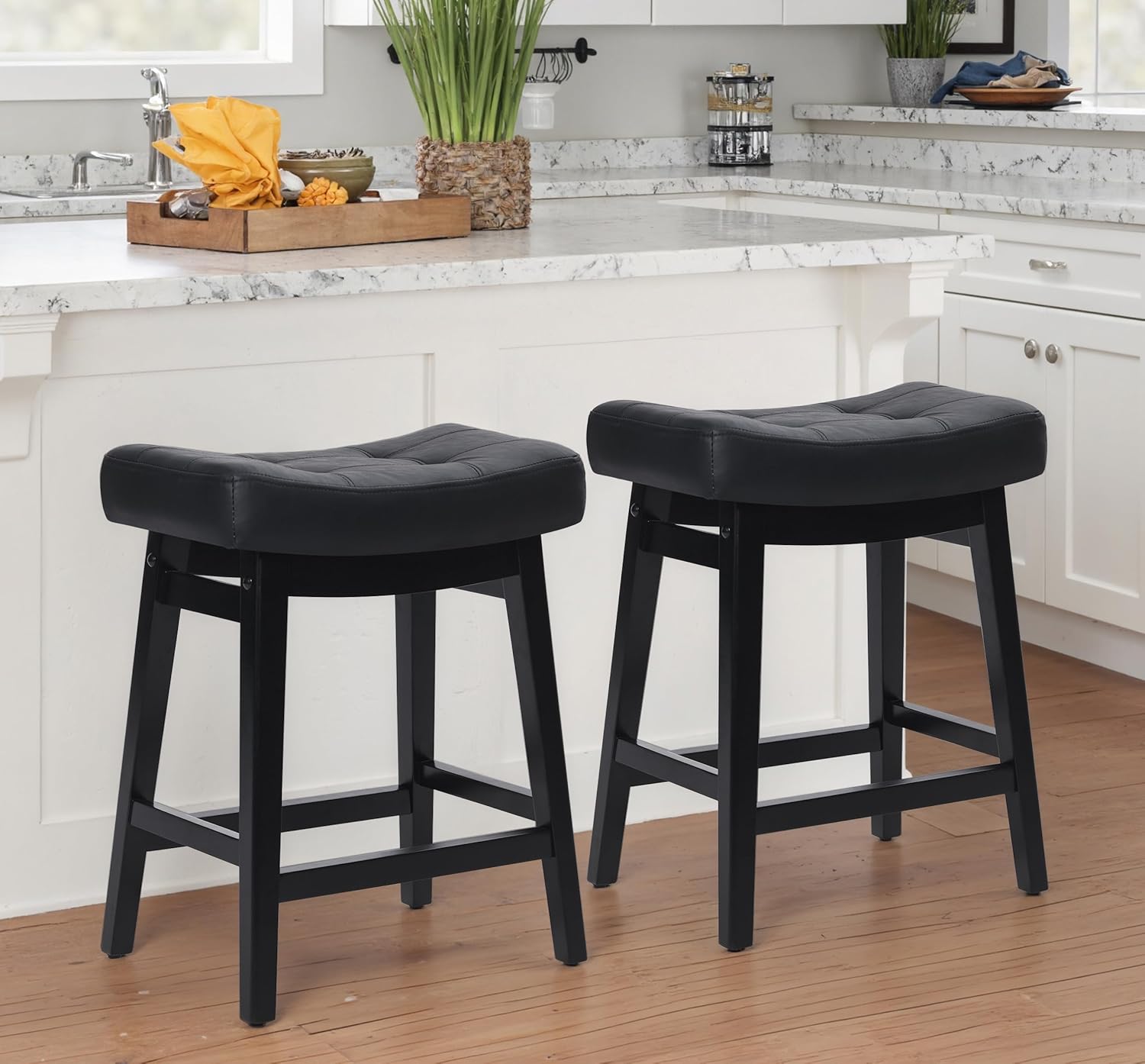 Counter Height Bar Stools Set of 3 for Kitchen Counter Farmhouse Modern Barstools with Upholstered Fabric Backless Seat and Solid Wood Legs 24 inch Bar Chairs, Khaki + Wood Color