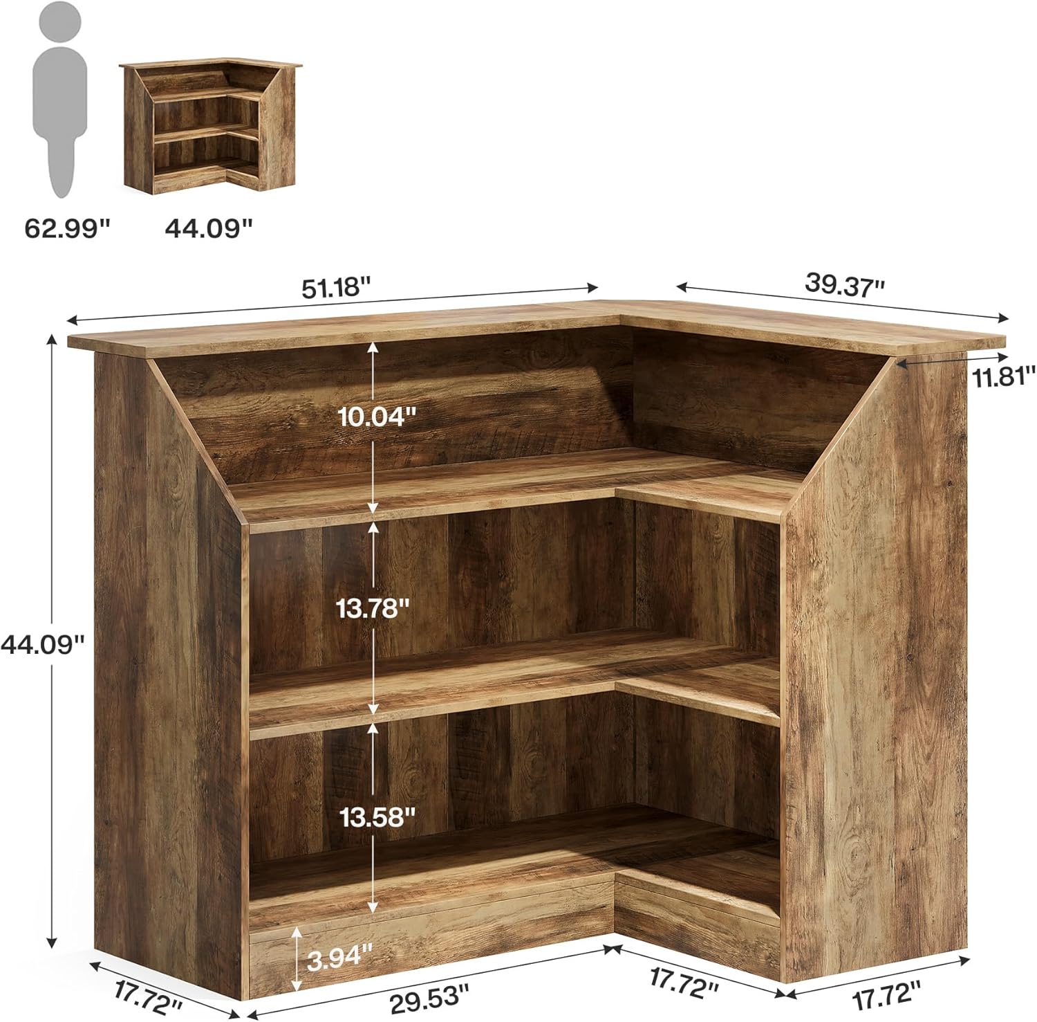 Tribesigns Bar Cabinet, L-Shaped Home Bar Table with Stemware Racks, 4-Tier Corner Bar Unit Liquor Wine Bar Table Reception Desk for Home Pub, Rustic Brown