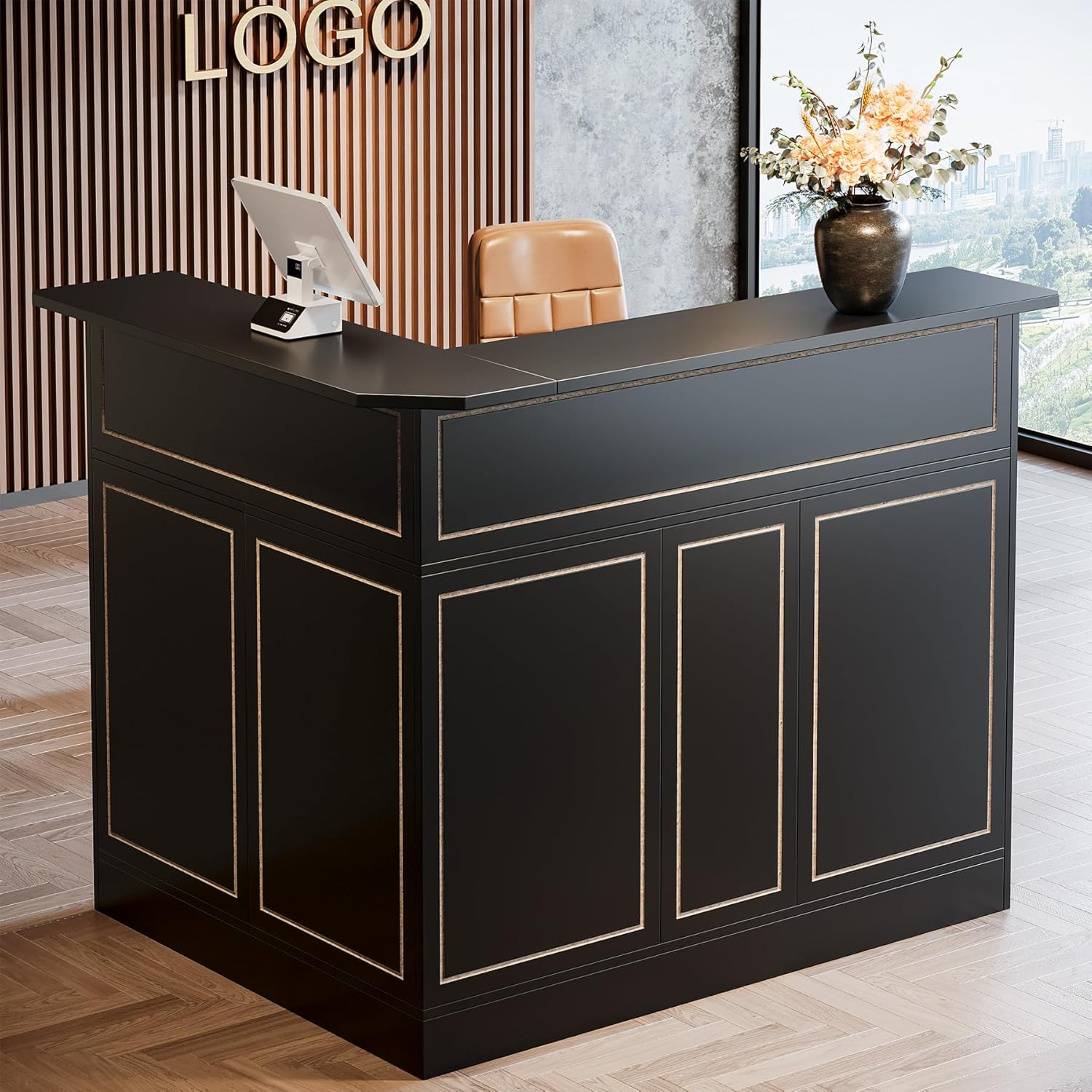 Tribesigns Reception Desk with Storage Shelves, L-Shaped Modern Front Desk, Reception Counter Table for Small Office, Salon, Checkout Office, Black