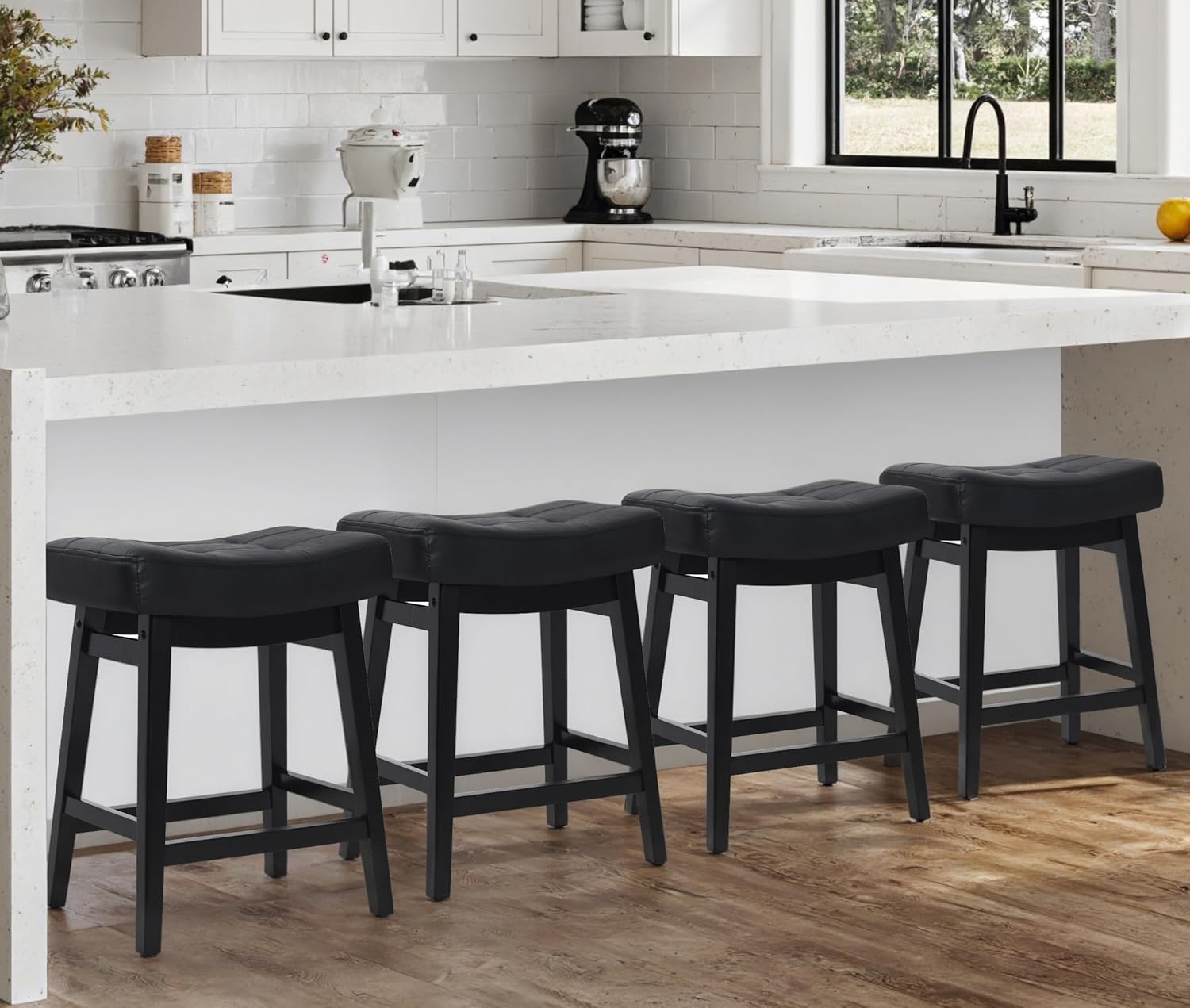 Counter Height Bar Stools Set of 3 for Kitchen Counter Farmhouse Modern Barstools with Upholstered Fabric Backless Seat and Solid Wood Legs 24 inch Bar Chairs, Khaki + Wood Color