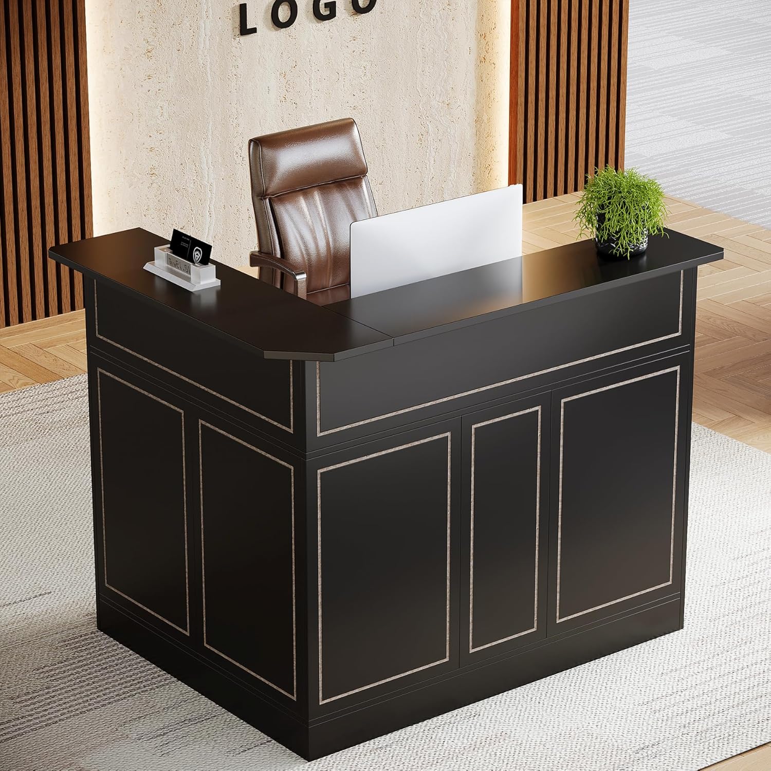 Tribesigns Reception Desk with Storage Shelves, L-Shaped Modern Front Desk, Reception Counter Table for Small Office, Salon, Checkout Office, Black