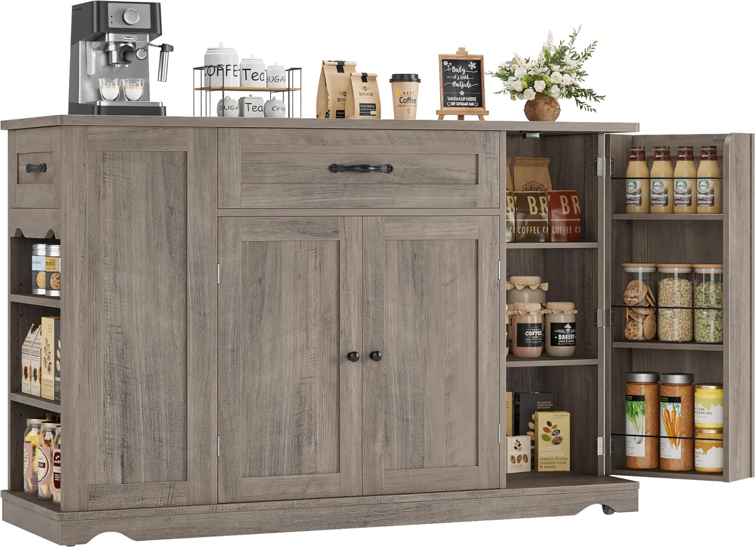 HOSTACK Kitchen Island Cart with Storage, 47'' Kitchen Storage Island on Wheels with 2 Drawers, Rolling Island Table with Adjustable Shelves, Mobile Buffet Sideboard Cabinet for Dining Room, White