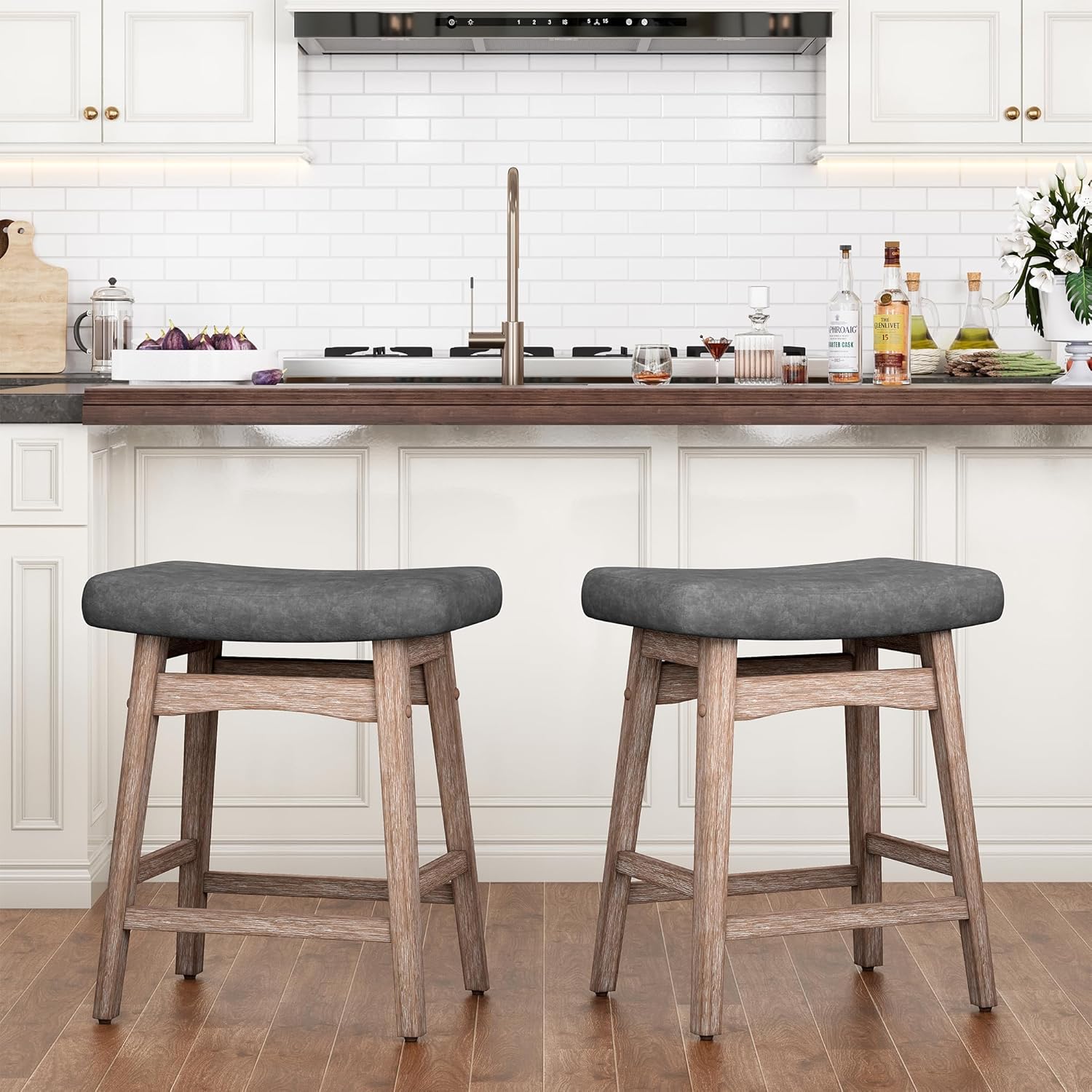 PHI VILLA Farmhouse Bar Stools Set of 2 - Wood Bartools with Upholstered Saddle Seat, 24 inch stools for Kitchen Counter Set of 2