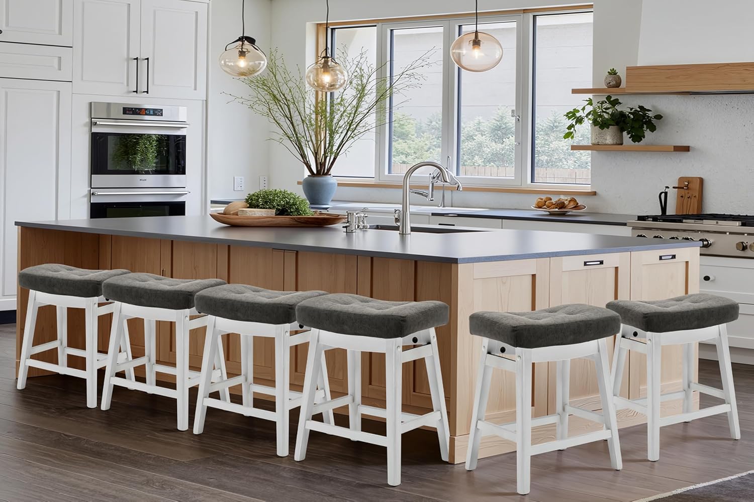 Counter Height Bar Stools Set of 3 for Kitchen Counter Farmhouse Modern Barstools with Upholstered Fabric Backless Seat and Solid Wood Legs 24 inch Bar Chairs, Khaki + Wood Color