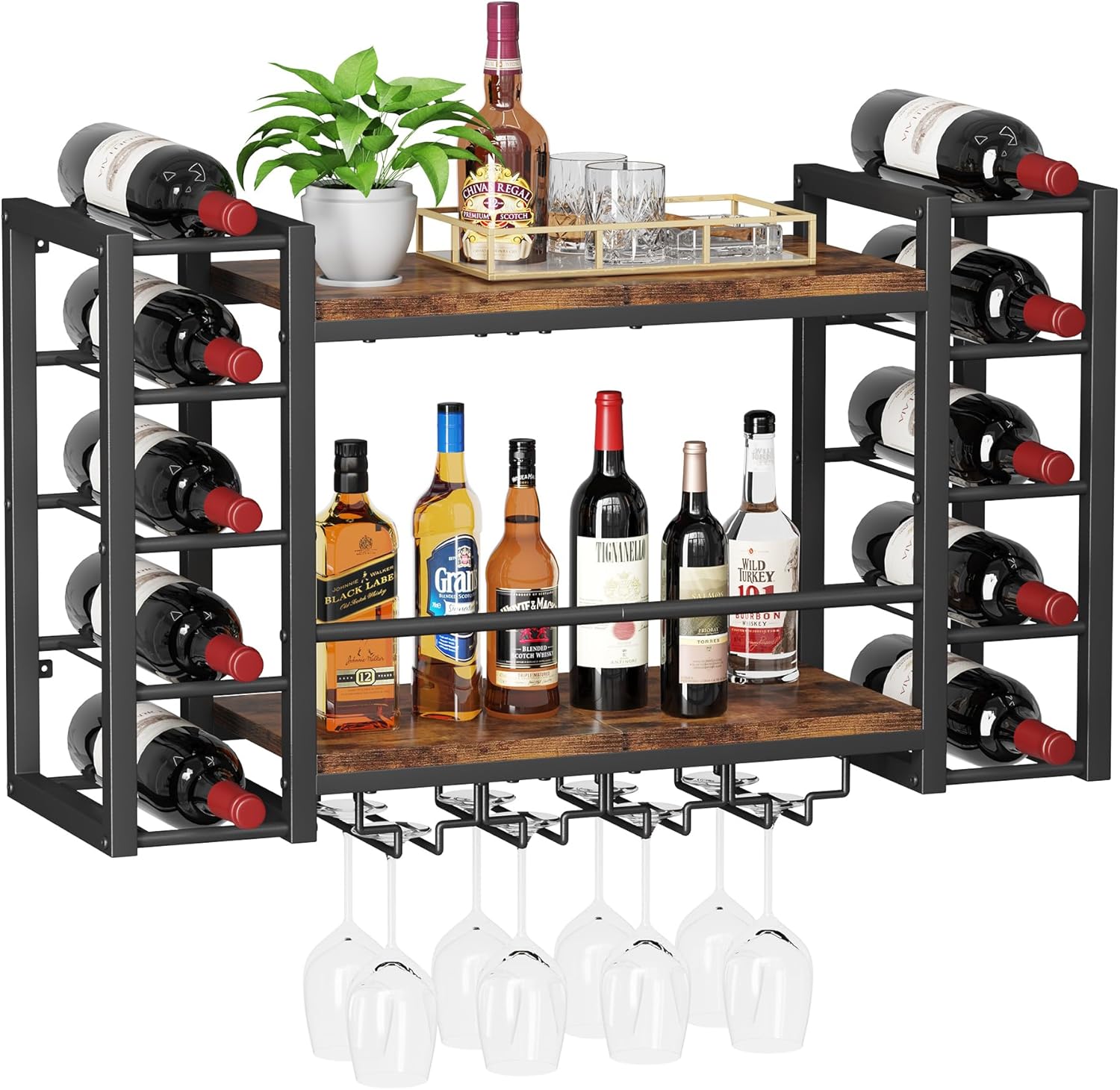 Homeiju Wall Mounted Wine Rack, Bottle & Glass Holder Wood-Metal Retro Wine Rack, Wine Bottles Display Wall Storage for Kitchen Dining Room Home Bar