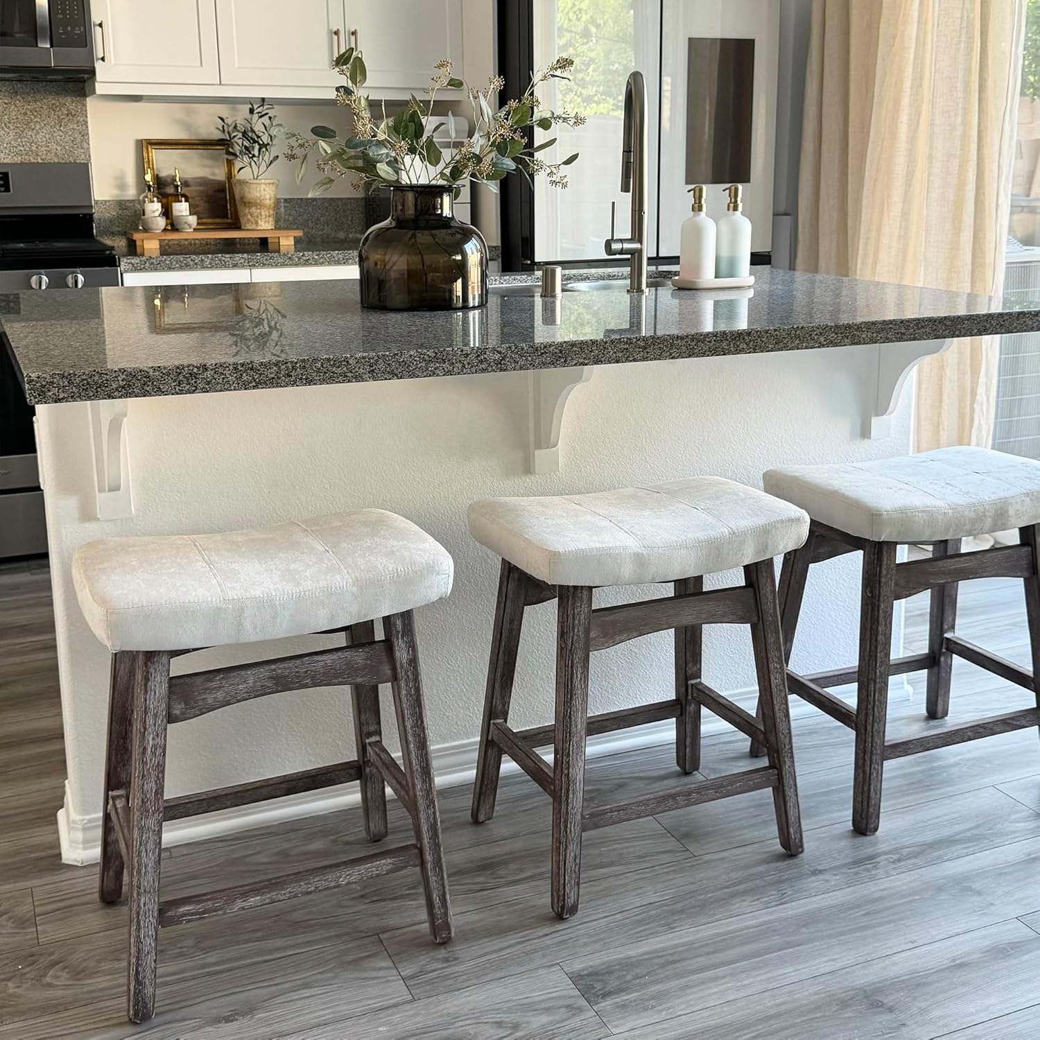 PHI VILLA Farmhouse Bar Stools Set of 2 - Wood Bartools with Upholstered Saddle Seat, 24 inch stools for Kitchen Counter Set of 2