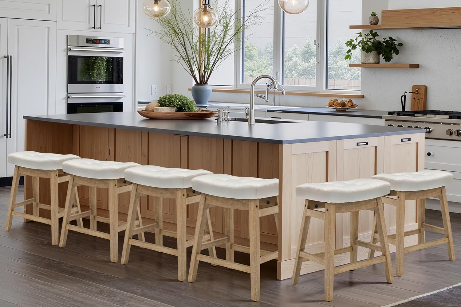 Counter Height Bar Stools Set of 3 for Kitchen Counter Farmhouse Modern Barstools with Upholstered Fabric Backless Seat and Solid Wood Legs 24 inch Bar Chairs, Khaki + Wood Color