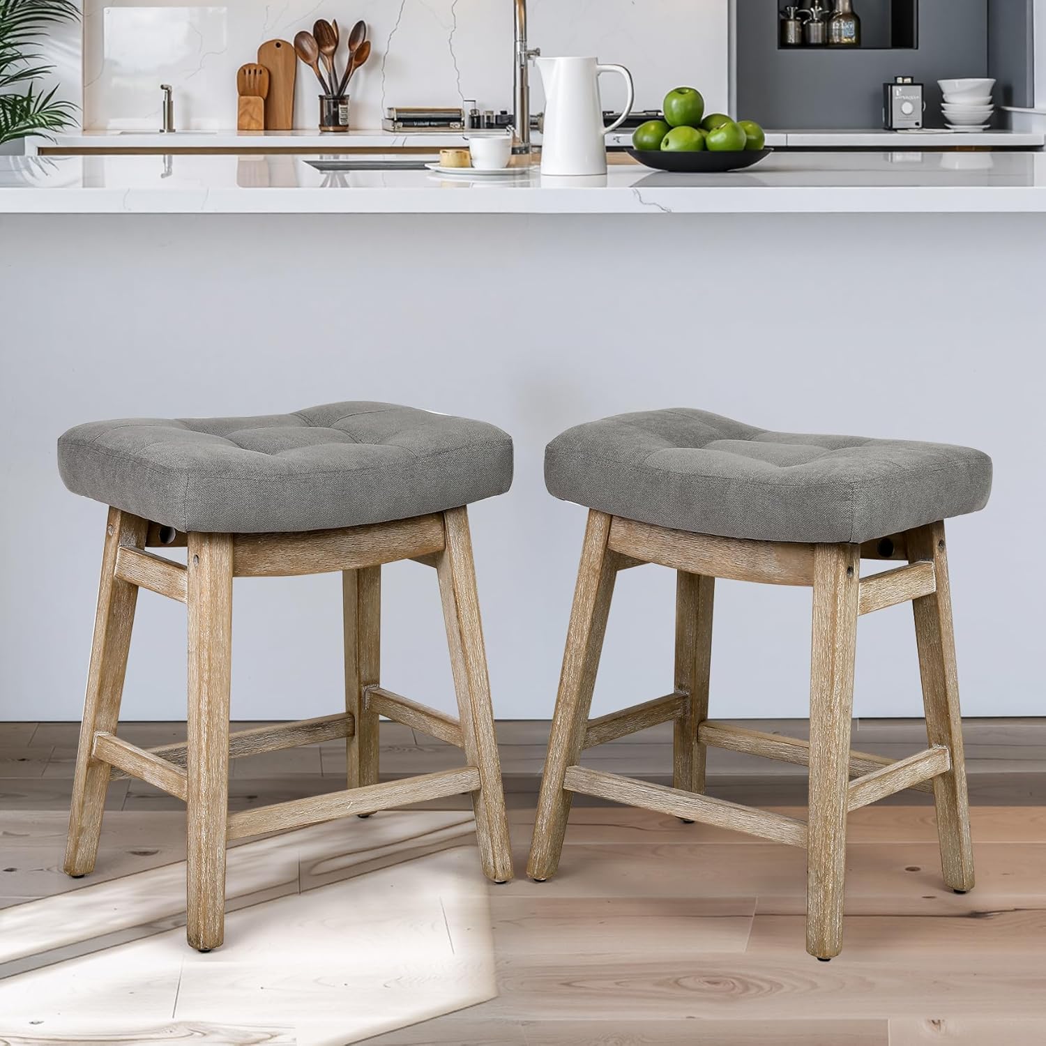 Counter Height Bar Stools Set of 3 for Kitchen Counter Farmhouse Modern Barstools with Upholstered Fabric Backless Seat and Solid Wood Legs 24 inch Bar Chairs, Khaki + Wood Color
