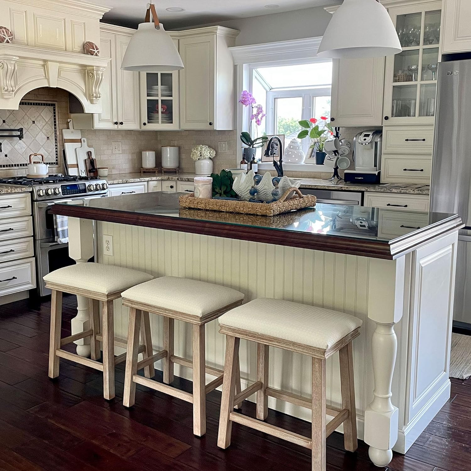 PHI VILLA Farmhouse Bar Stools Set of 2 - Wood Bartools with Upholstered Saddle Seat, 24 inch stools for Kitchen Counter Set of 2