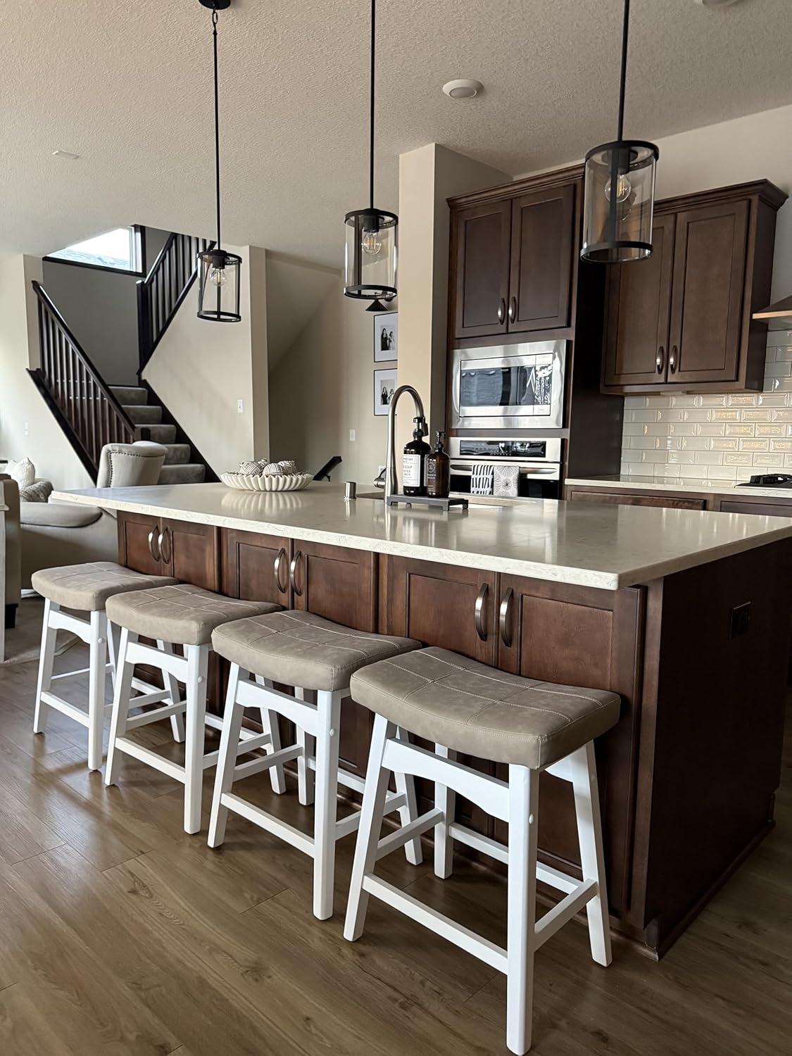 PHI VILLA Farmhouse Bar Stools Set of 2 - Wood Bartools with Upholstered Saddle Seat, 24 inch stools for Kitchen Counter Set of 2