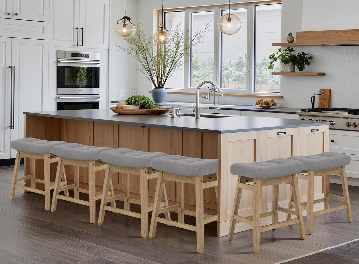 Counter Height Bar Stools Set of 3 for Kitchen Counter Farmhouse Modern Barstools with Upholstered Fabric Backless Seat and Solid Wood Legs 24 inch Bar Chairs, Khaki + Wood Color