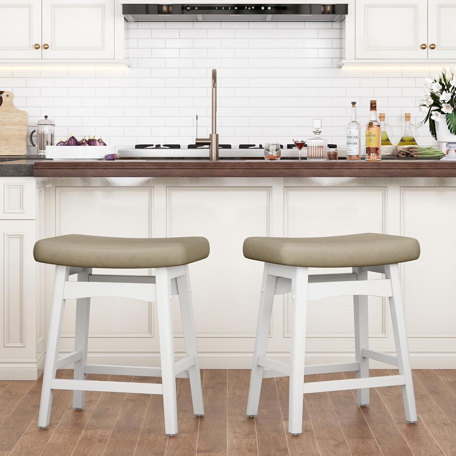 PHI VILLA Farmhouse Bar Stools Set of 2 - Wood Bartools with Upholstered Saddle Seat, 24 inch stools for Kitchen Counter Set of 2