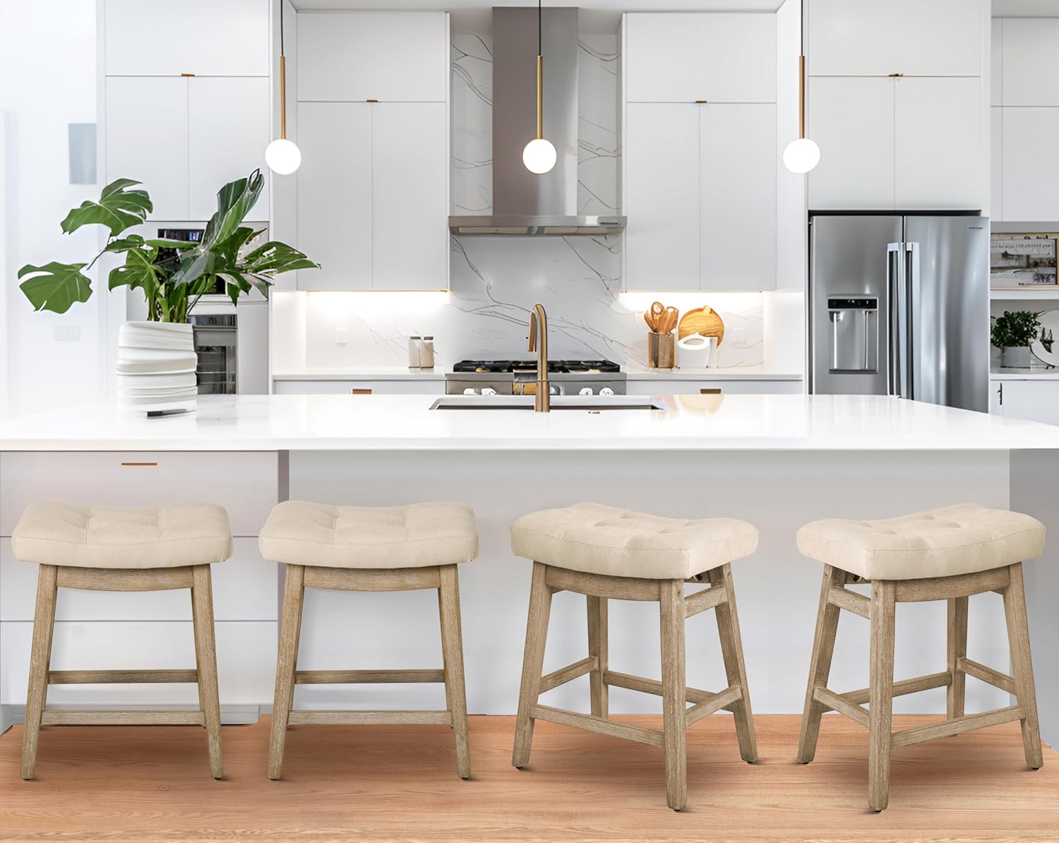 Counter Height Bar Stools Set of 3 for Kitchen Counter Farmhouse Modern Barstools with Upholstered Fabric Backless Seat and Solid Wood Legs 24 inch Bar Chairs, Khaki + Wood Color