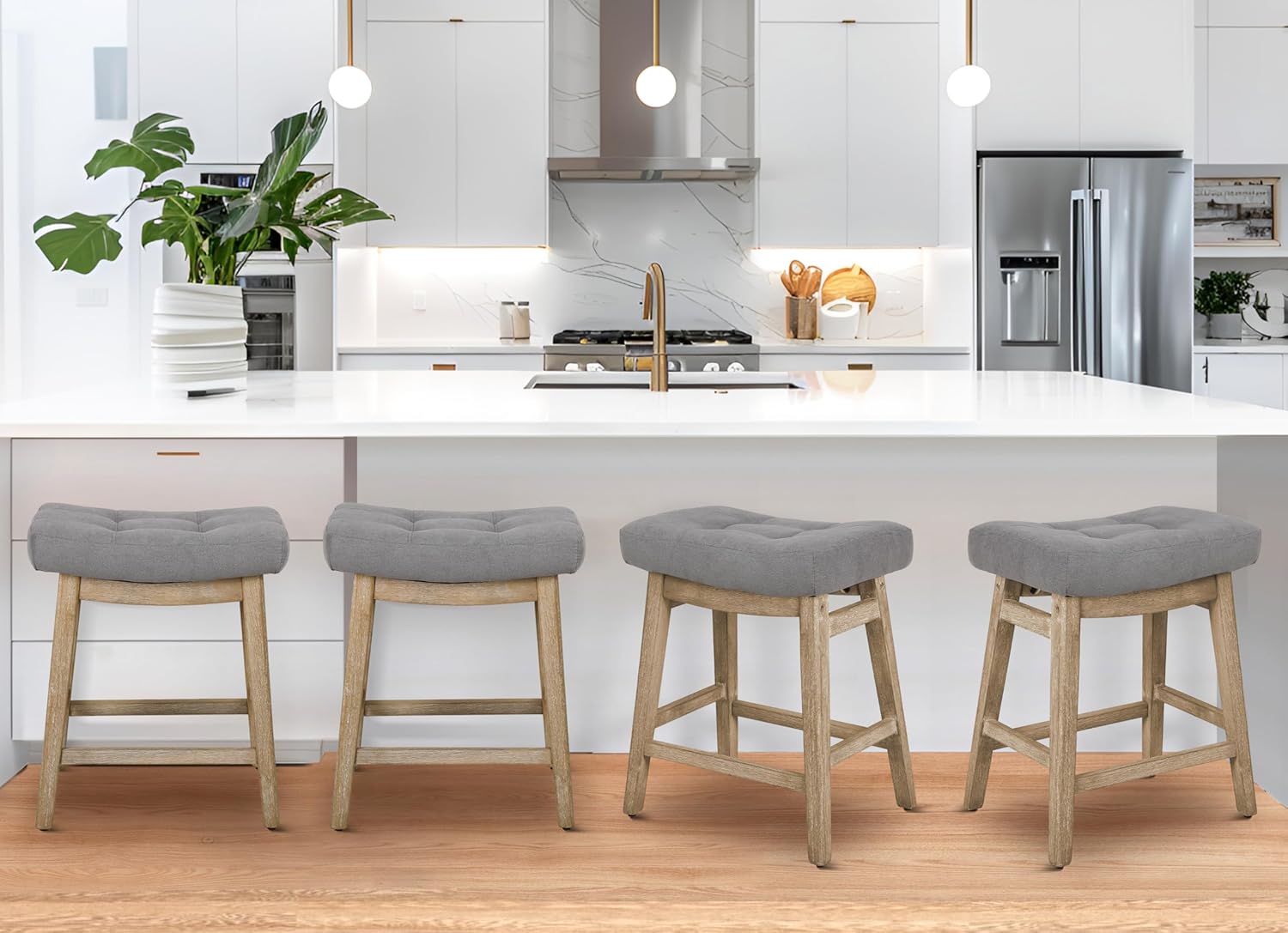 Counter Height Bar Stools Set of 3 for Kitchen Counter Farmhouse Modern Barstools with Upholstered Fabric Backless Seat and Solid Wood Legs 24 inch Bar Chairs, Khaki + Wood Color