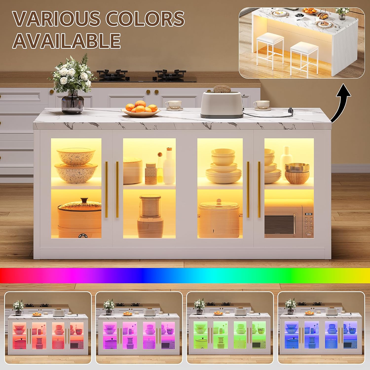 Kitchen Island with Storage, 57" W Large Island Table with Seating/LED Light for Dining Room, Kitchen Carts on Wheels Breakfast Bar Table w/Power Outlet, White