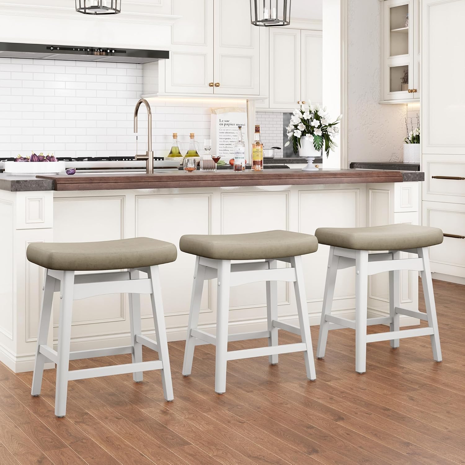 PHI VILLA Farmhouse Bar Stools Set of 2 - Wood Bartools with Upholstered Saddle Seat, 24 inch stools for Kitchen Counter Set of 2