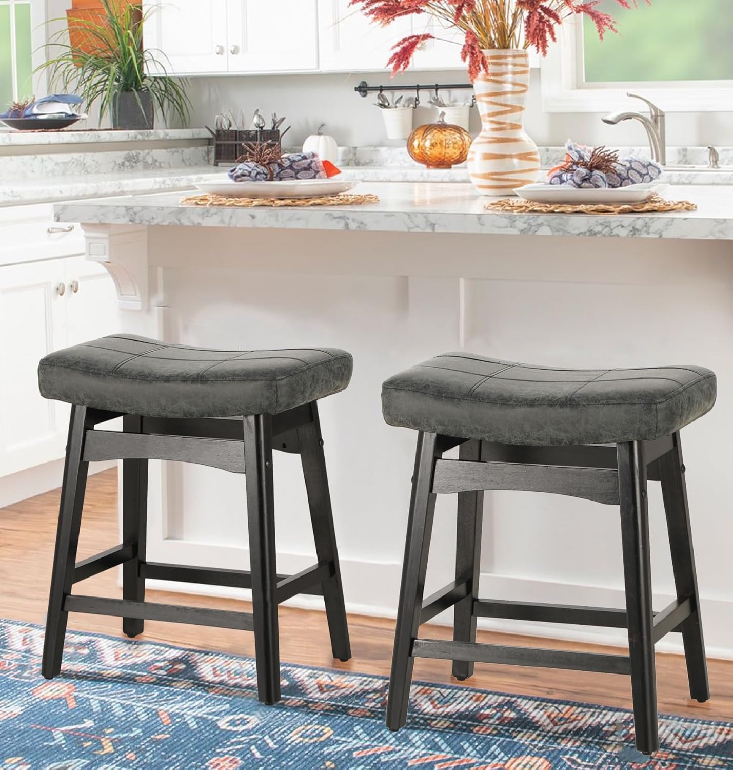 PHI VILLA Farmhouse Bar Stools Set of 2 - Wood Bartools with Upholstered Saddle Seat, 24 inch stools for Kitchen Counter Set of 2