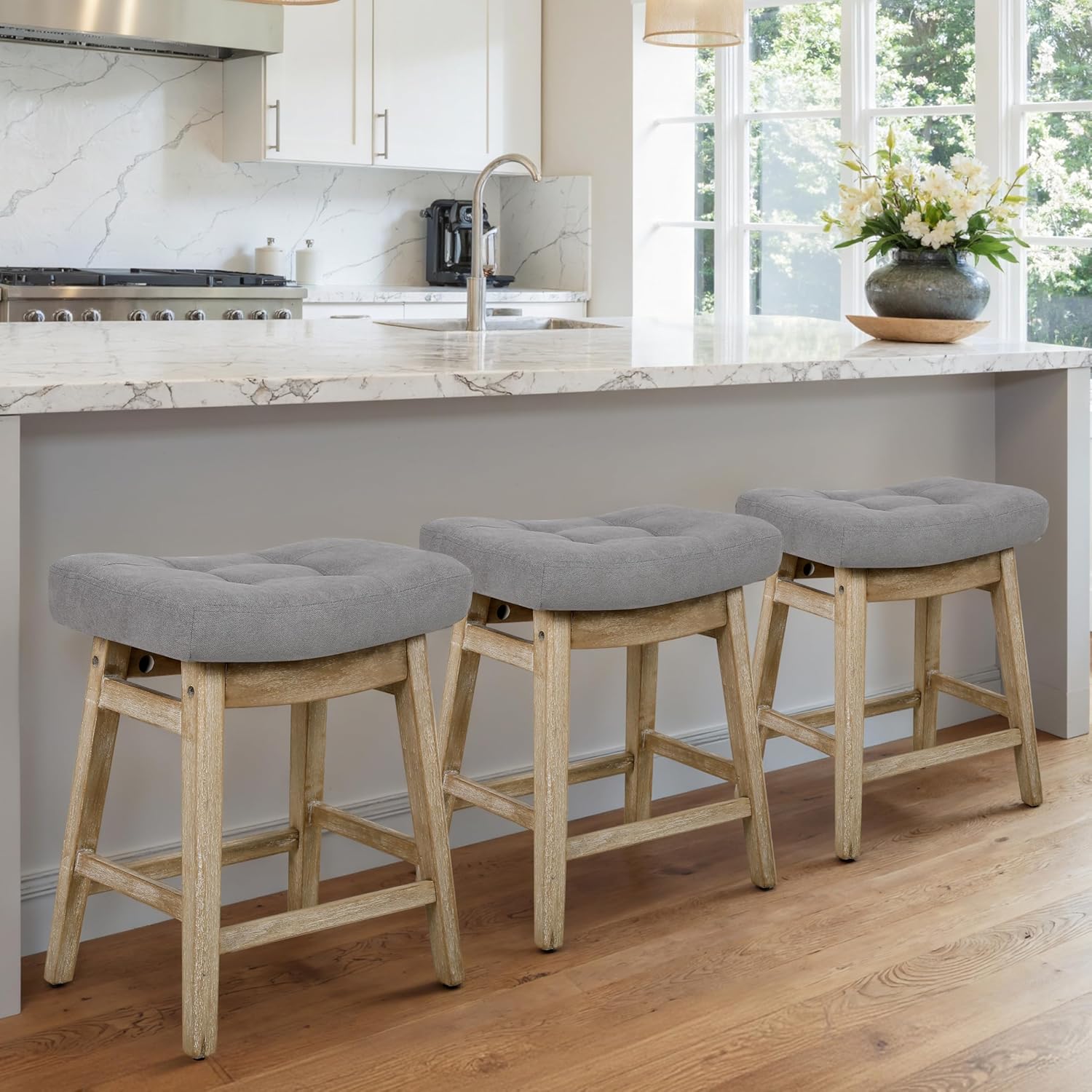 Counter Height Bar Stools Set of 3 for Kitchen Counter Farmhouse Modern Barstools with Upholstered Fabric Backless Seat and Solid Wood Legs 24 inch Bar Chairs, Khaki + Wood Color