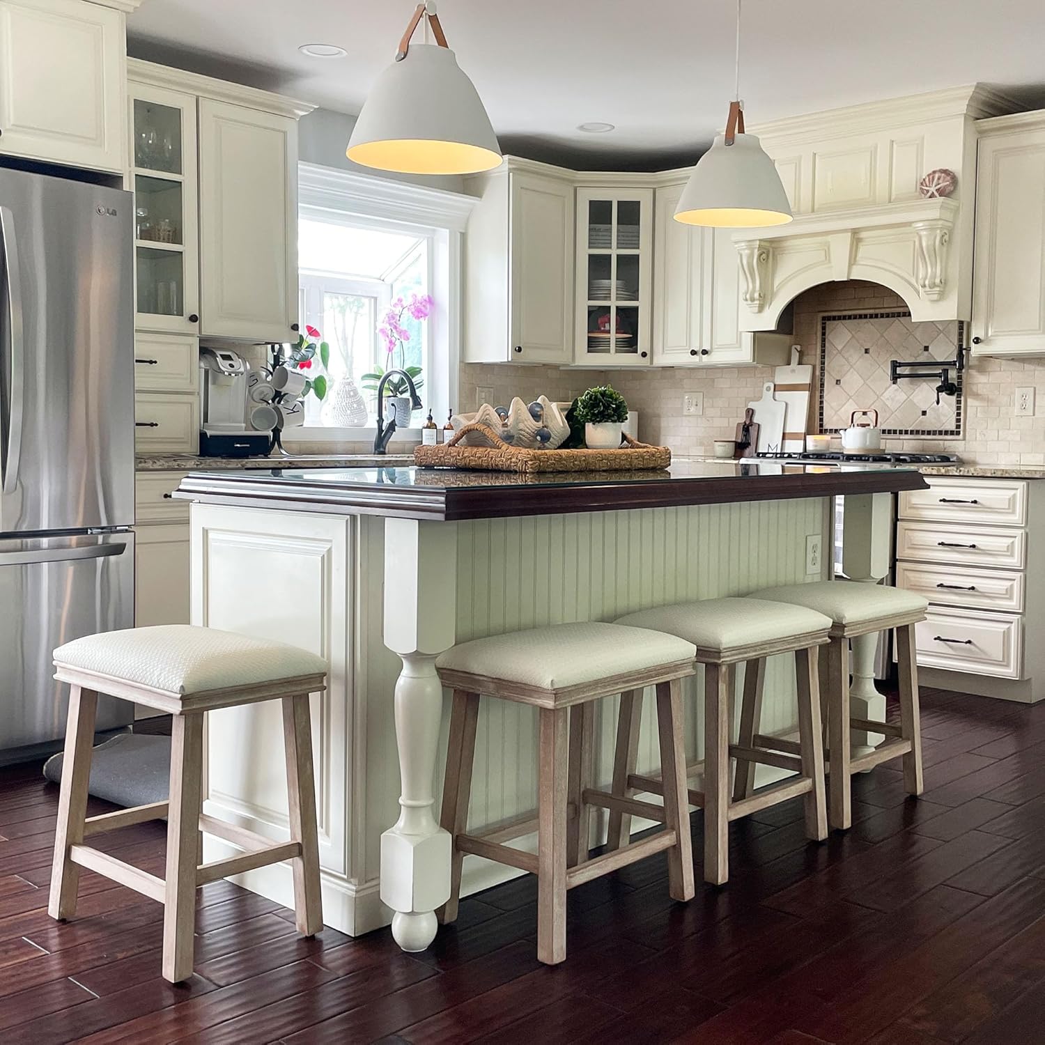 PHI VILLA Farmhouse Bar Stools Set of 2 - Wood Bartools with Upholstered Saddle Seat, 24 inch stools for Kitchen Counter Set of 2