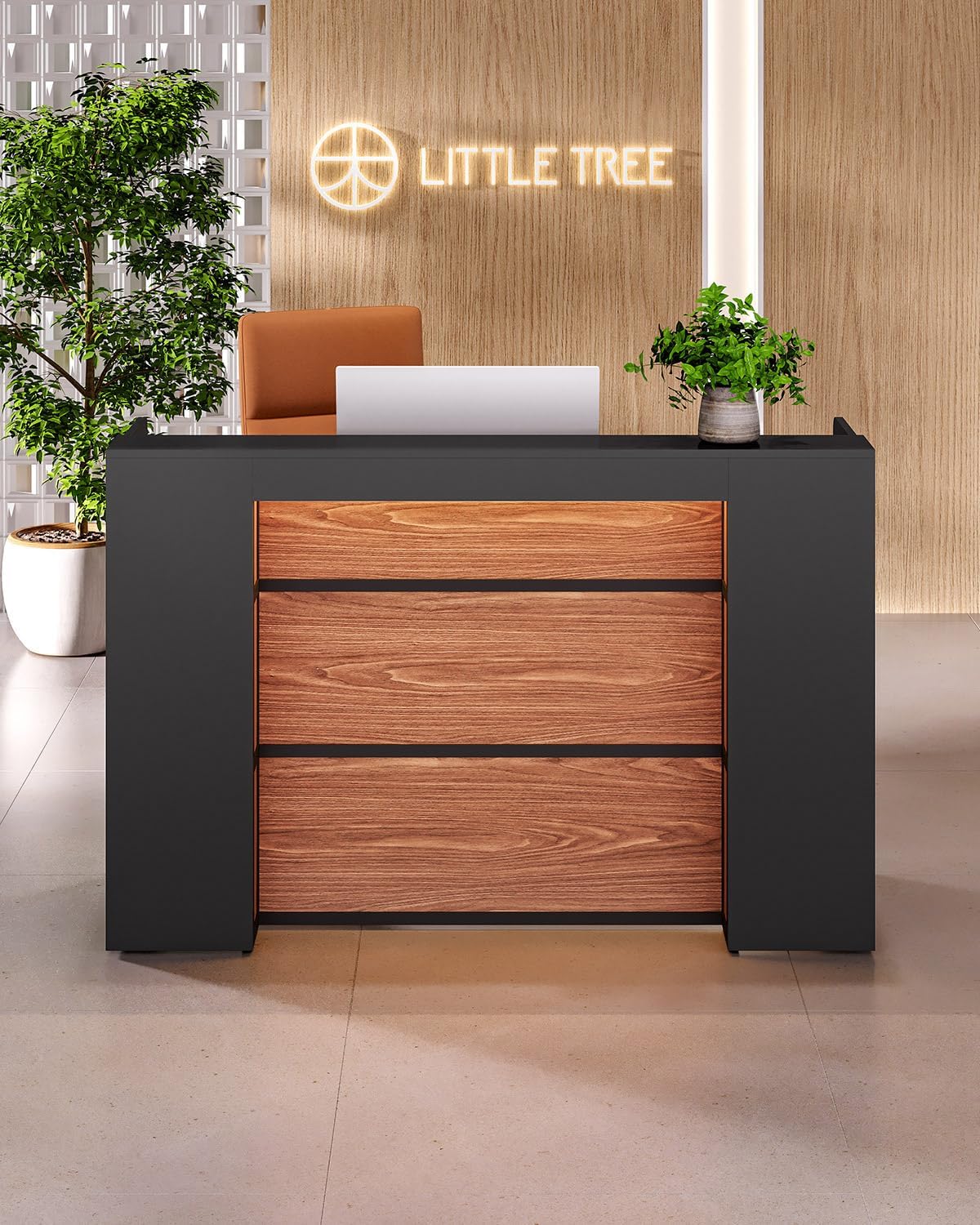 LITTLE TREE 63 Inches Reception Desk, Modern Reception Table with LED Light, Front Counter Desk, Wooden Checkout Counter for Lobbies, Salons, Retail, Home Offices, Reception Room, Black & Brown