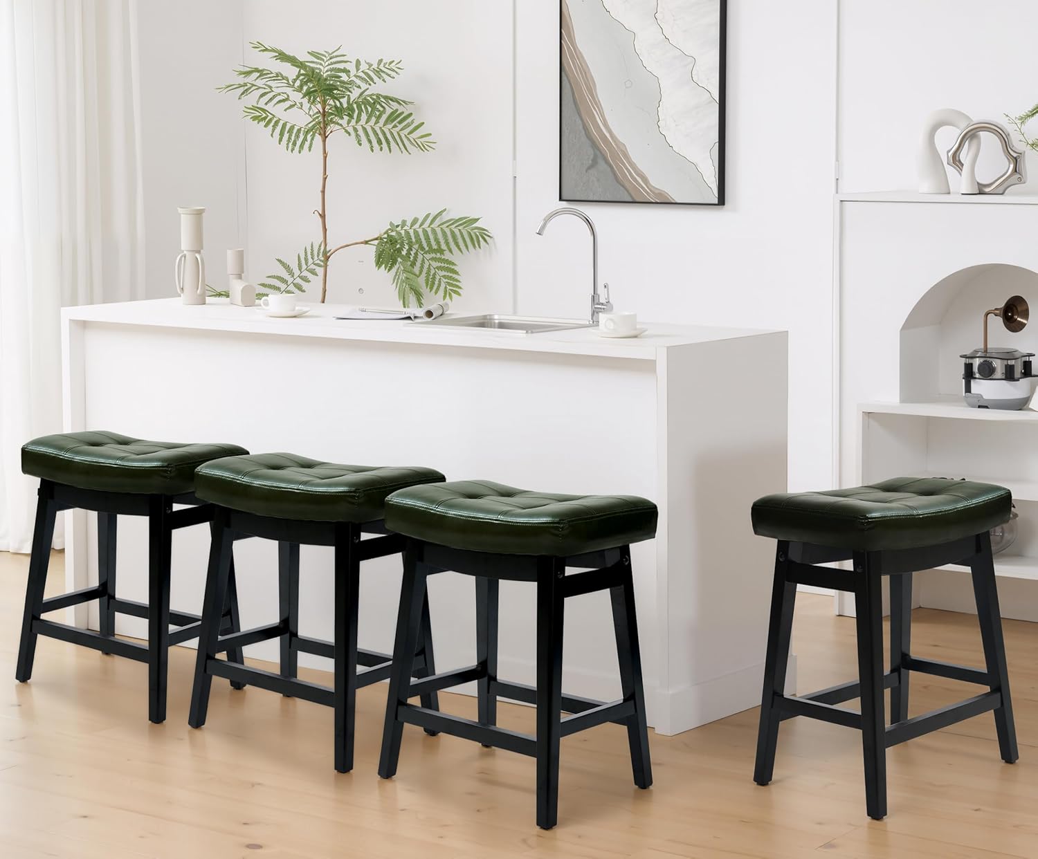 Counter Height Bar Stools Set of 3 for Kitchen Counter Farmhouse Modern Barstools with Upholstered Fabric Backless Seat and Solid Wood Legs 24 inch Bar Chairs, Khaki + Wood Color