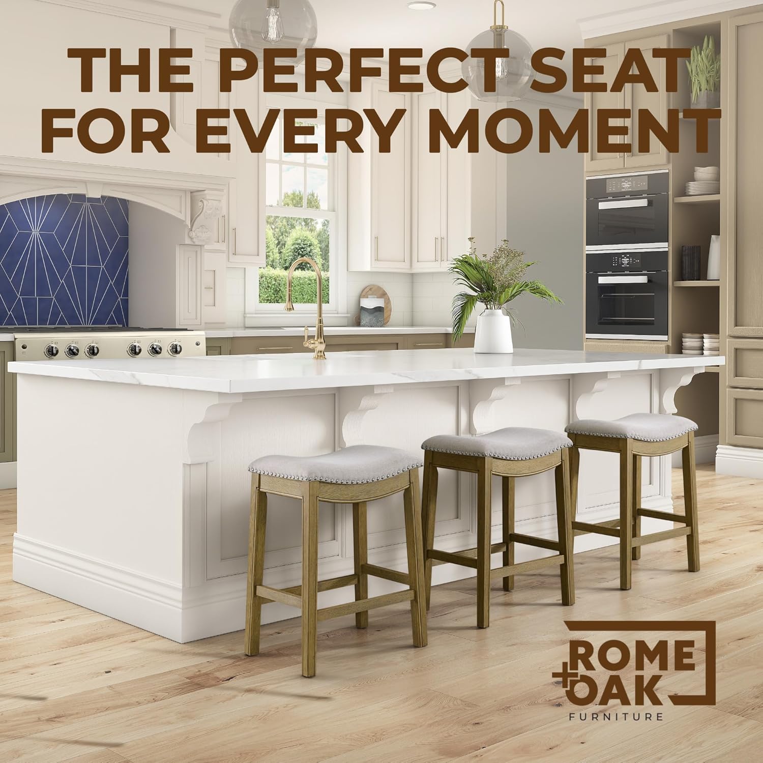 ROME + OAK Parker 26 Inch Counter Stool, Backless Saddle Kitchen Barstool in Natural Wood Finish with Wheat Cream Fabric Upholstery Cushion Seat