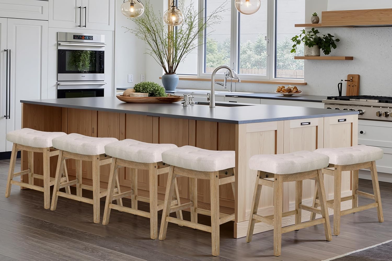 Counter Height Bar Stools Set of 3 for Kitchen Counter Farmhouse Modern Barstools with Upholstered Fabric Backless Seat and Solid Wood Legs 24 inch Bar Chairs, Khaki + Wood Color