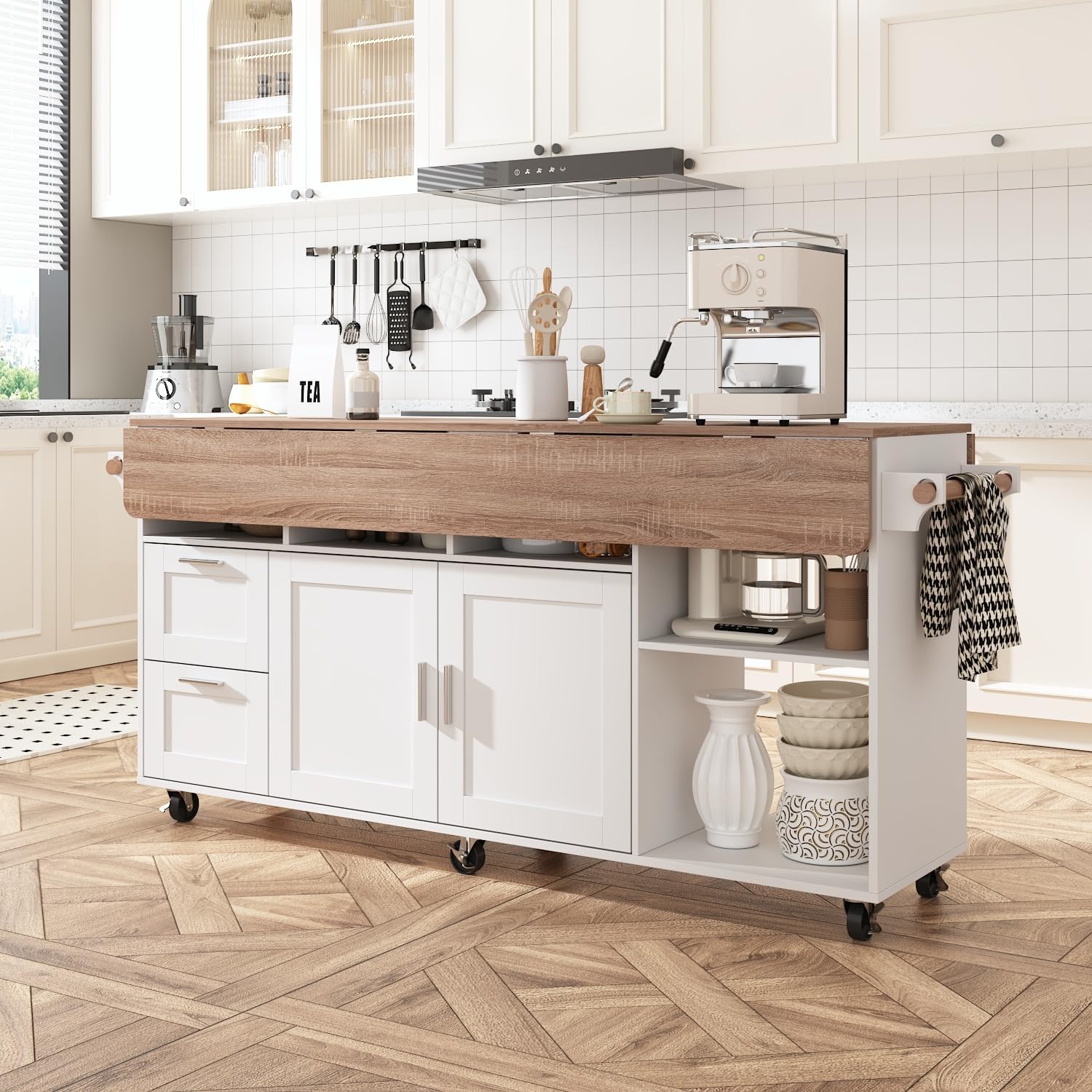 AIEGLE Rolling Kitchen Island with Expandable Countetop, 2-Door Large Kitchen Islands with Drawer, Open Cubby & Tower Rack, 70.9" W Wood Grain Island Table with Adjustable Shelf, White & Oak