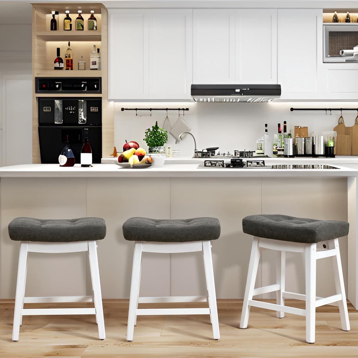 Counter Height Bar Stools Set of 3 for Kitchen Counter Farmhouse Modern Barstools with Upholstered Fabric Backless Seat and Solid Wood Legs 24 inch Bar Chairs, Khaki + Wood Color