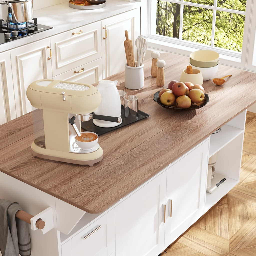 AIEGLE Rolling Kitchen Island with Expandable Countetop, 2-Door Large Kitchen Islands with Drawer, Open Cubby & Tower Rack, 70.9" W Wood Grain Island Table with Adjustable Shelf, White & Oak