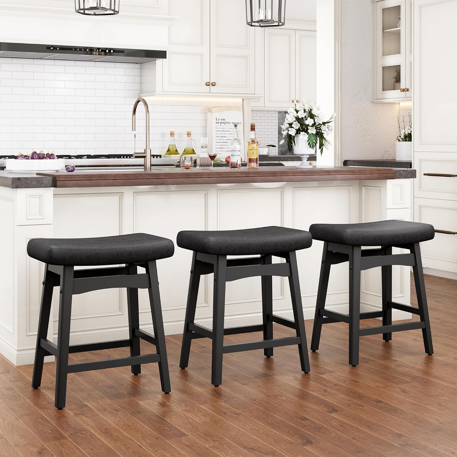 PHI VILLA Farmhouse Bar Stools Set of 2 - Wood Bartools with Upholstered Saddle Seat, 24 inch stools for Kitchen Counter Set of 2