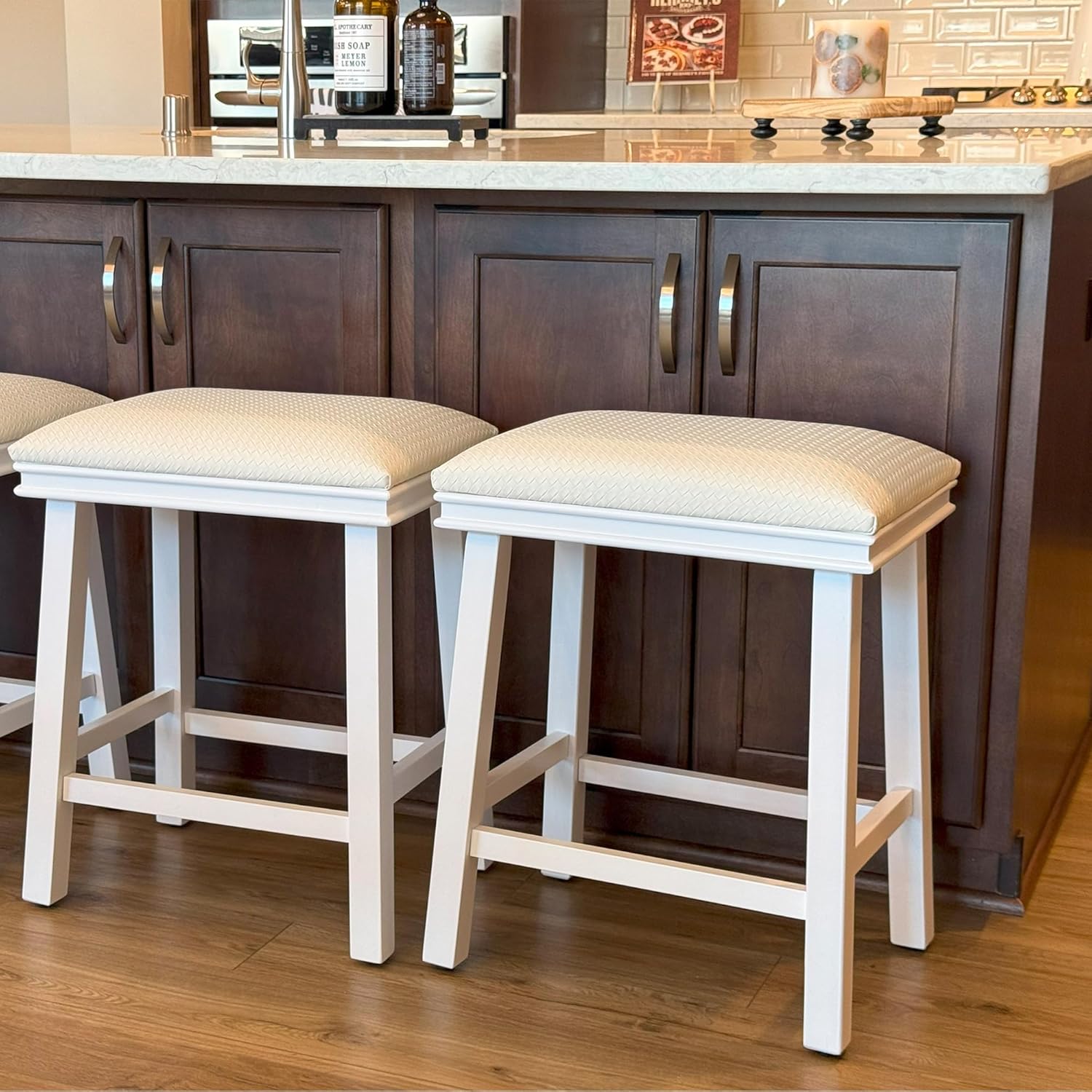 PHI VILLA Farmhouse Bar Stools Set of 2 - Wood Bartools with Upholstered Saddle Seat, 24 inch stools for Kitchen Counter Set of 2