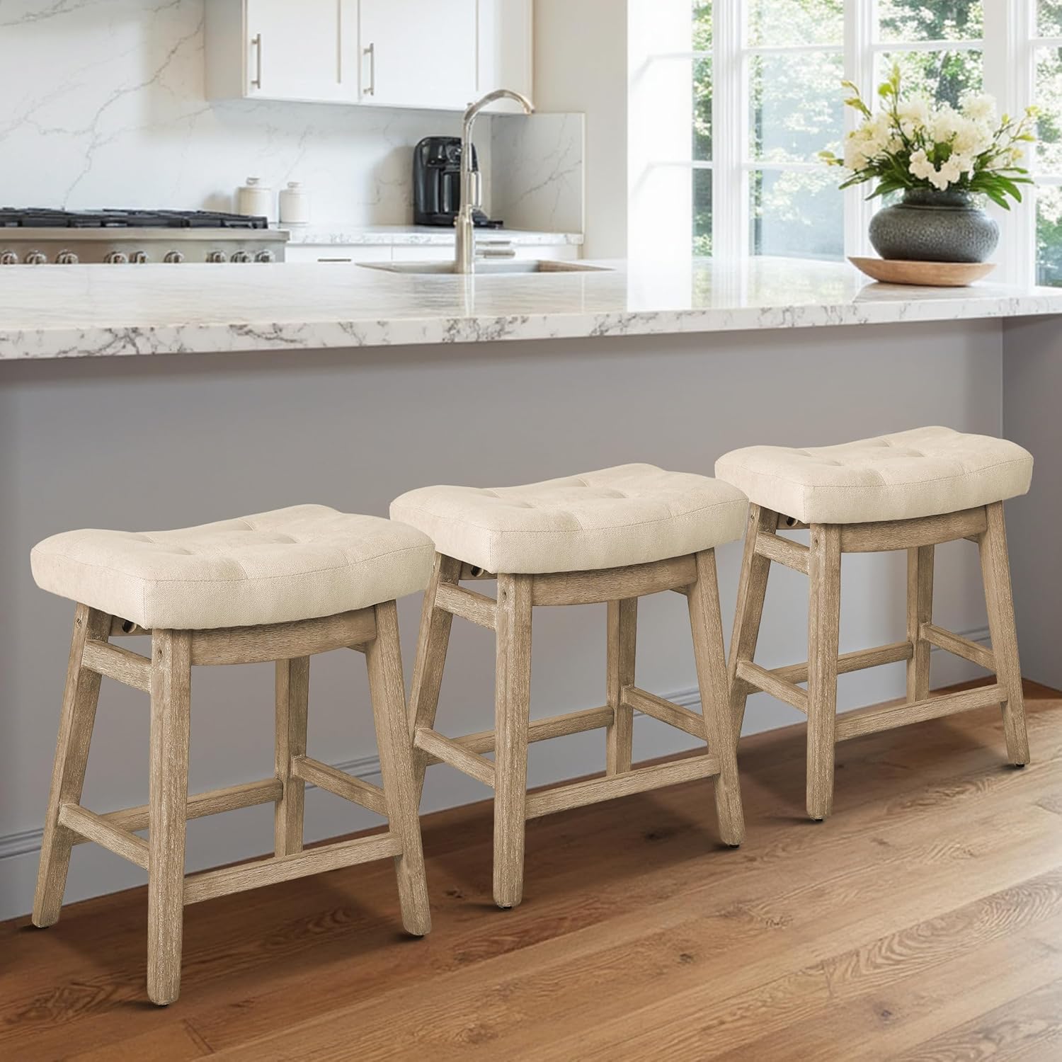 Counter Height Bar Stools Set of 3 for Kitchen Counter Farmhouse Modern Barstools with Upholstered Fabric Backless Seat and Solid Wood Legs 24 inch Bar Chairs, Khaki + Wood Color