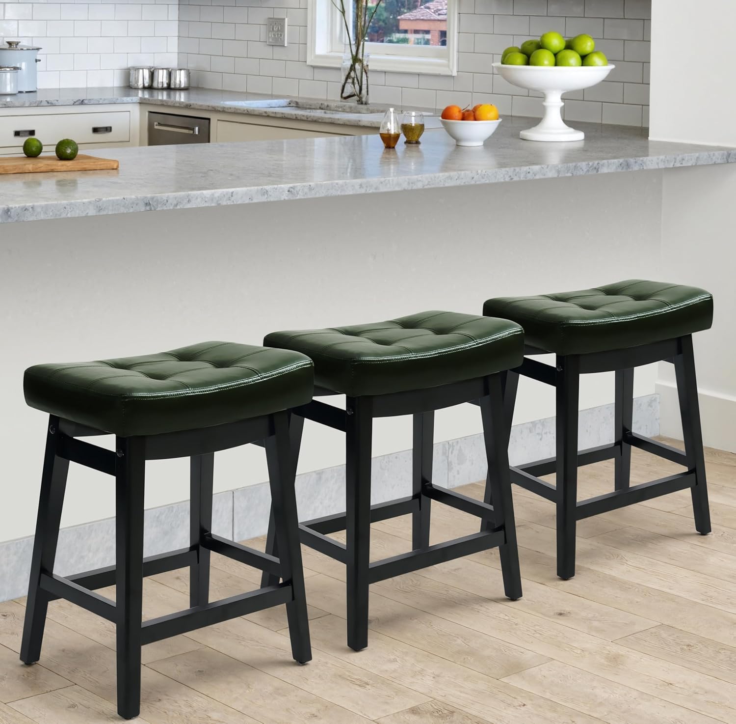 Counter Height Bar Stools Set of 3 for Kitchen Counter Farmhouse Modern Barstools with Upholstered Fabric Backless Seat and Solid Wood Legs 24 inch Bar Chairs, Khaki + Wood Color