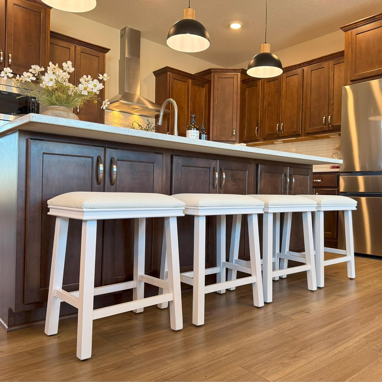 PHI VILLA Farmhouse Bar Stools Set of 2 - Wood Bartools with Upholstered Saddle Seat, 24 inch stools for Kitchen Counter Set of 2