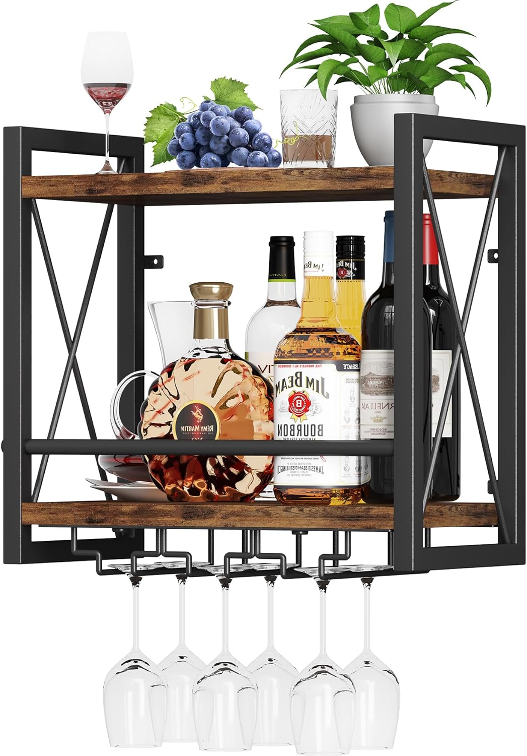 Homeiju Wall Mounted Wine Rack, Bottle & Glass Holder Wood-Metal Retro Wine Rack, Wine Bottles Display Wall Storage for Kitchen Dining Room Home Bar