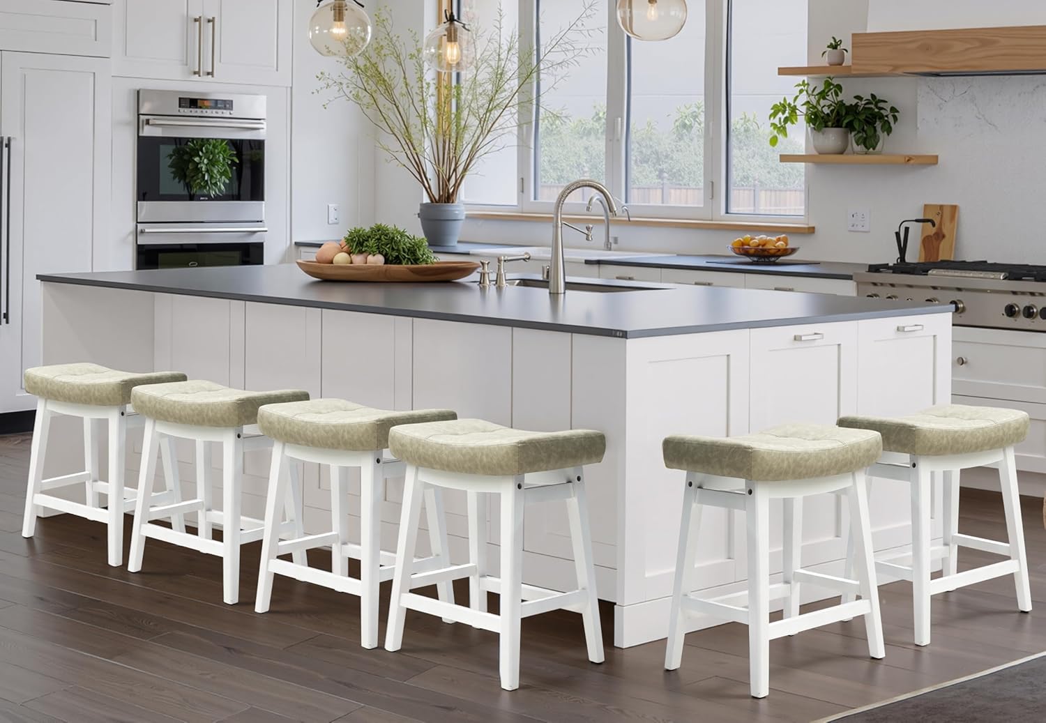 Counter Height Bar Stools Set of 3 for Kitchen Counter Farmhouse Modern Barstools with Upholstered Fabric Backless Seat and Solid Wood Legs 24 inch Bar Chairs, Khaki + Wood Color