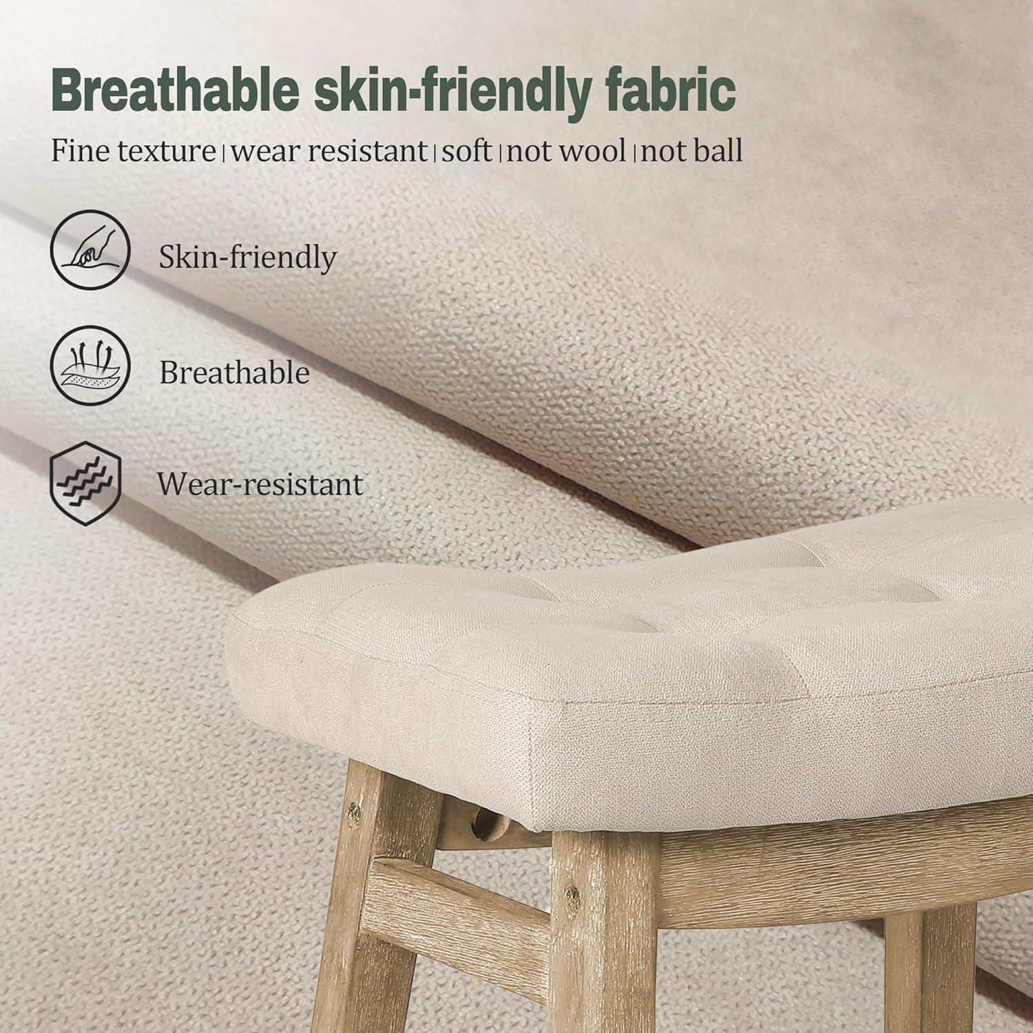 Counter Height Bar Stools Set of 3 for Kitchen Counter Farmhouse Modern Barstools with Upholstered Fabric Backless Seat and Solid Wood Legs 24 inch Bar Chairs, Khaki + Wood Color