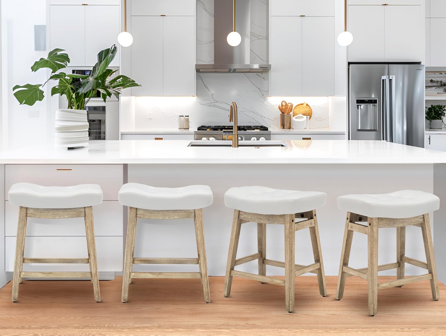 Counter Height Bar Stools Set of 3 for Kitchen Counter Farmhouse Modern Barstools with Upholstered Fabric Backless Seat and Solid Wood Legs 24 inch Bar Chairs, Khaki + Wood Color