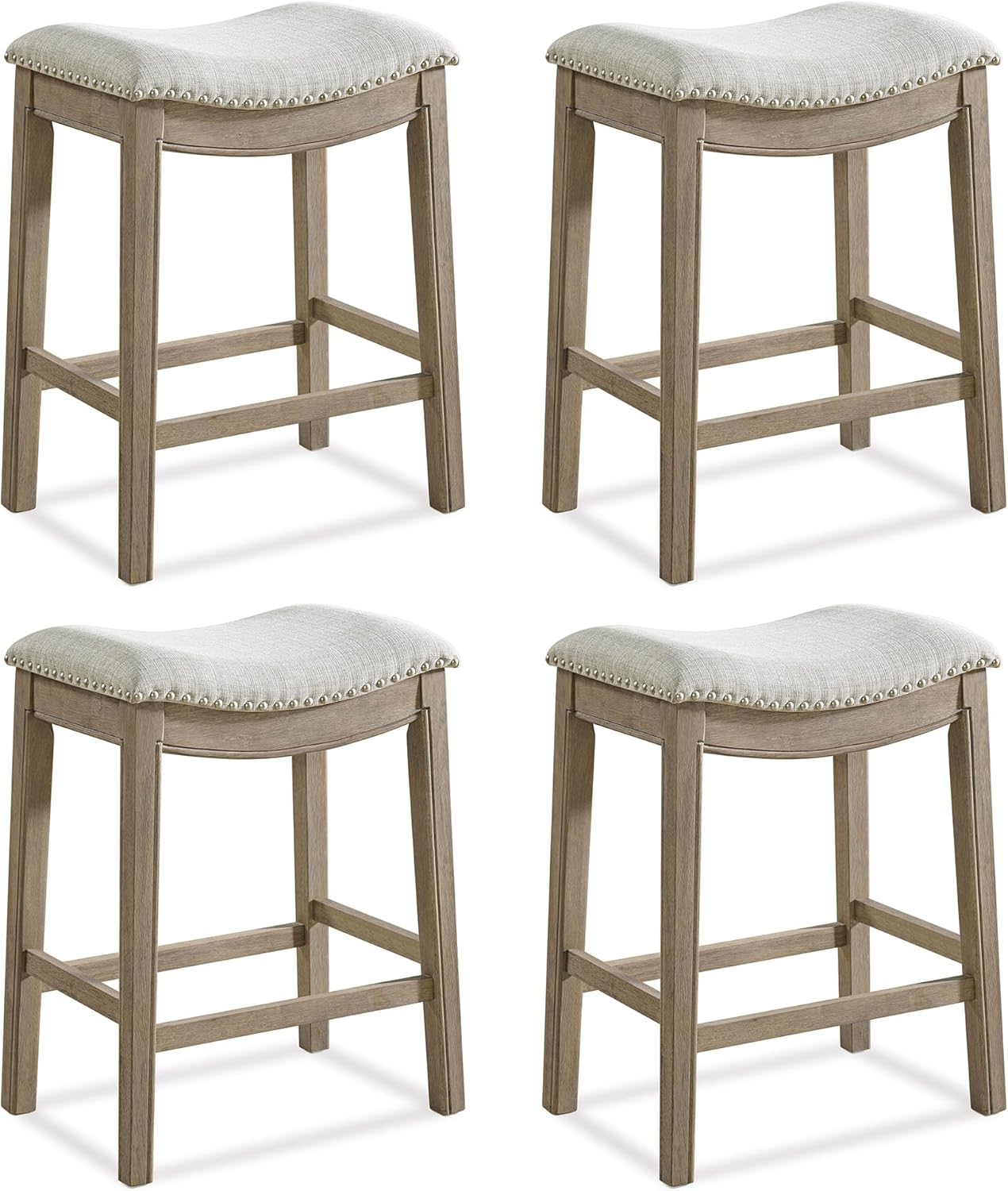 ROME + OAK Parker 26 Inch Counter Stool, Backless Saddle Kitchen Barstool in Natural Wood Finish with Wheat Cream Fabric Upholstery Cushion Seat