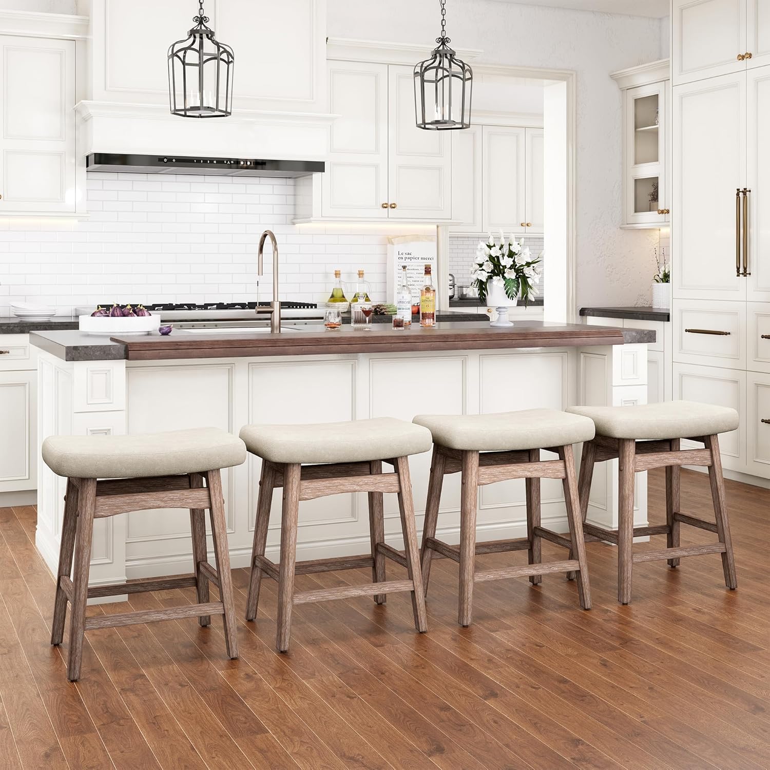 PHI VILLA Farmhouse Bar Stools Set of 2 - Wood Bartools with Upholstered Saddle Seat, 24 inch stools for Kitchen Counter Set of 2